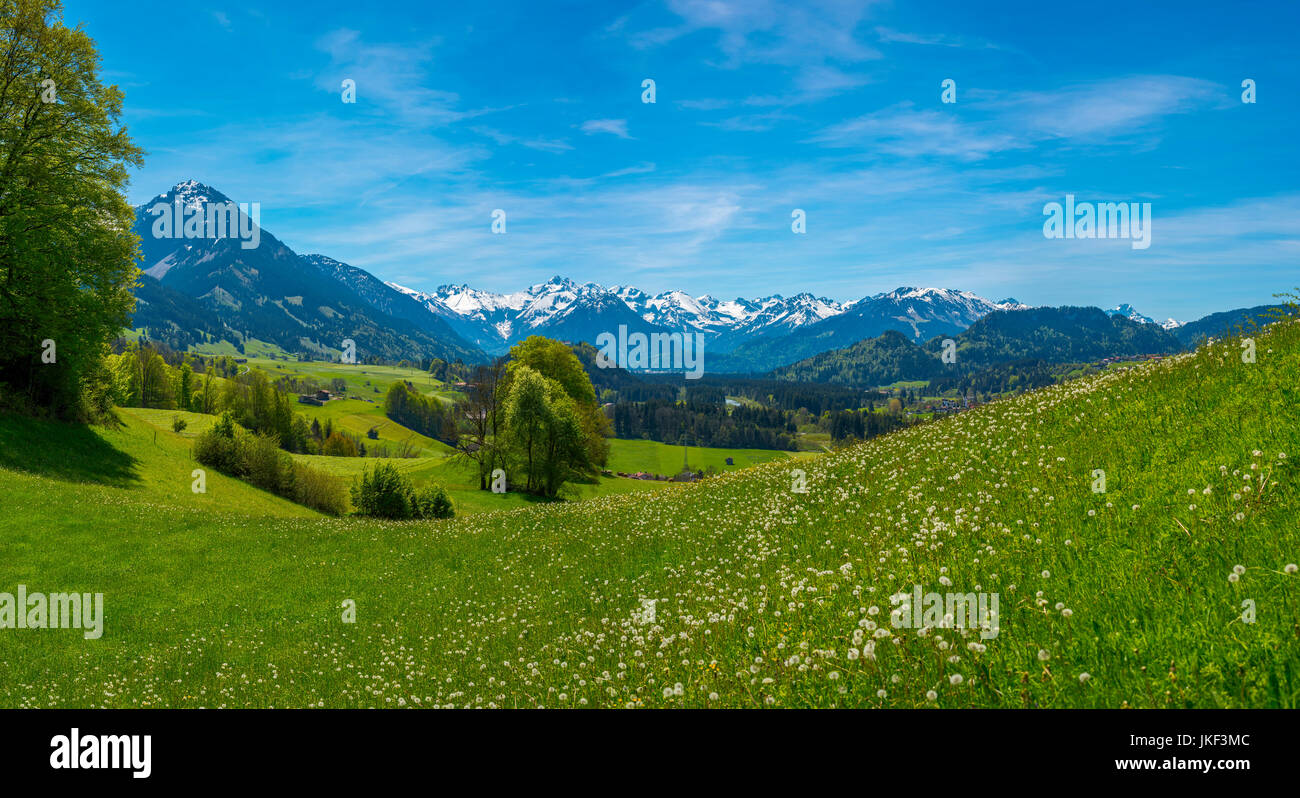 Panorama vom Malerwinkel bei Altstaedten ins Illertal, dahinter Allgaeuer Die Alpen, Oberallgaeu, Bayern, Deutschland, Europa Banque D'Images