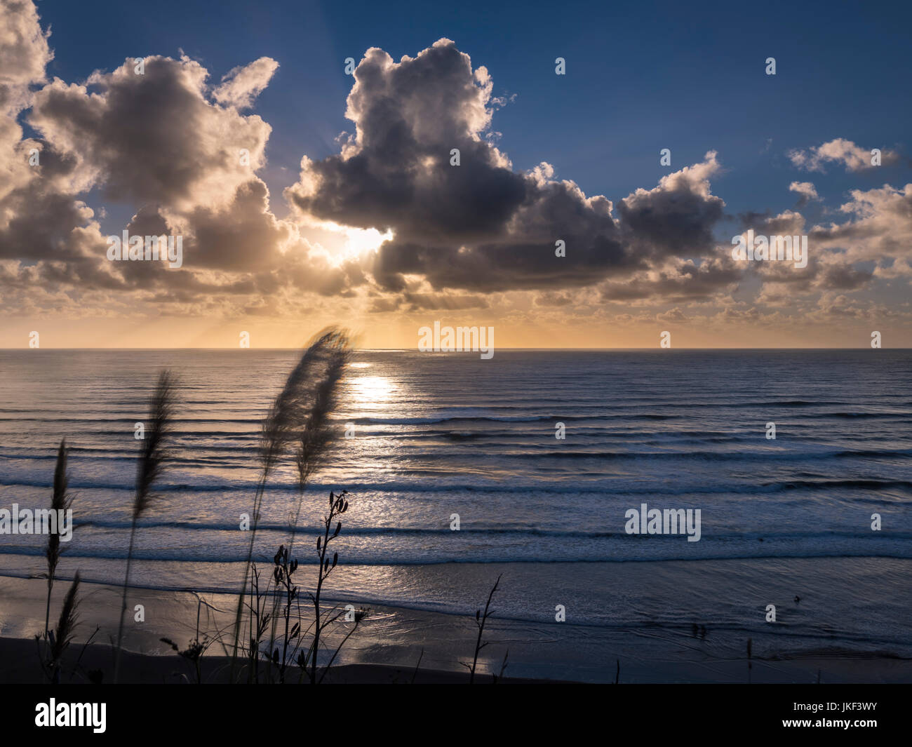 Nouvelle Zélande, île du nord, Raglan, ngarunui plage au coucher du soleil Banque D'Images