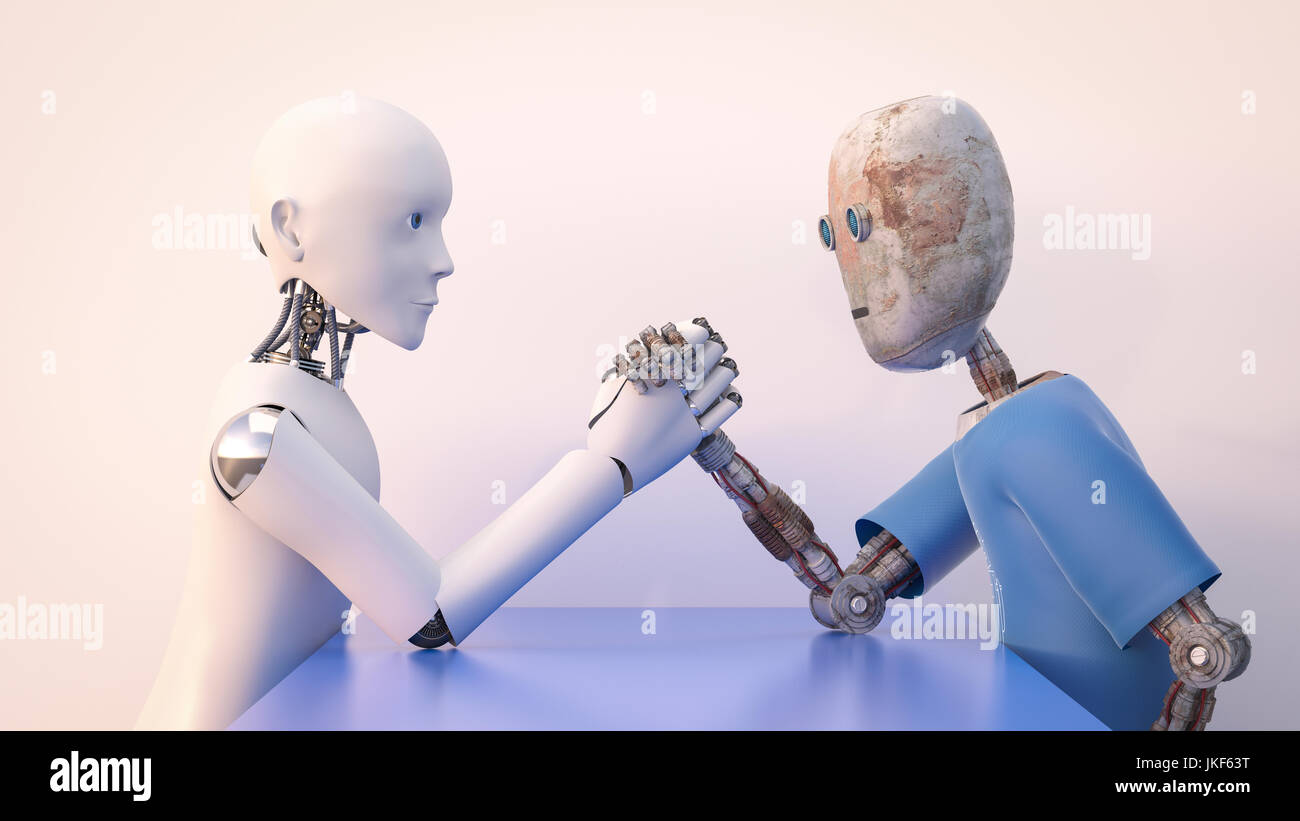 Deux robots Arm wrestling, 3D Rendering Banque D'Images