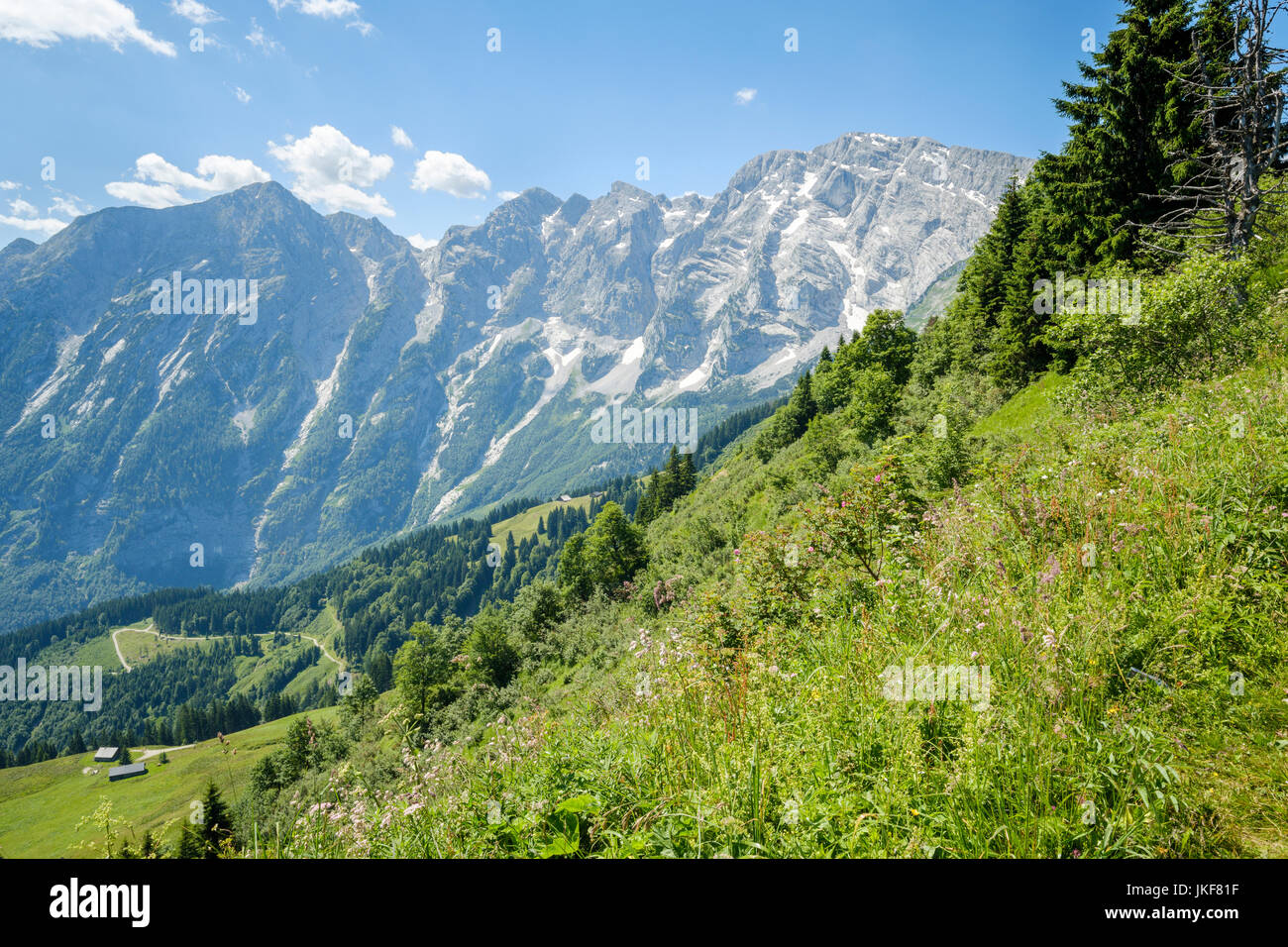 Vue depuis l'Rossfeld Panoramastrasse sur Obersalzburg, Berchtesgaden, Haute-Bavière, Bavaria, Germany, Europe Banque D'Images