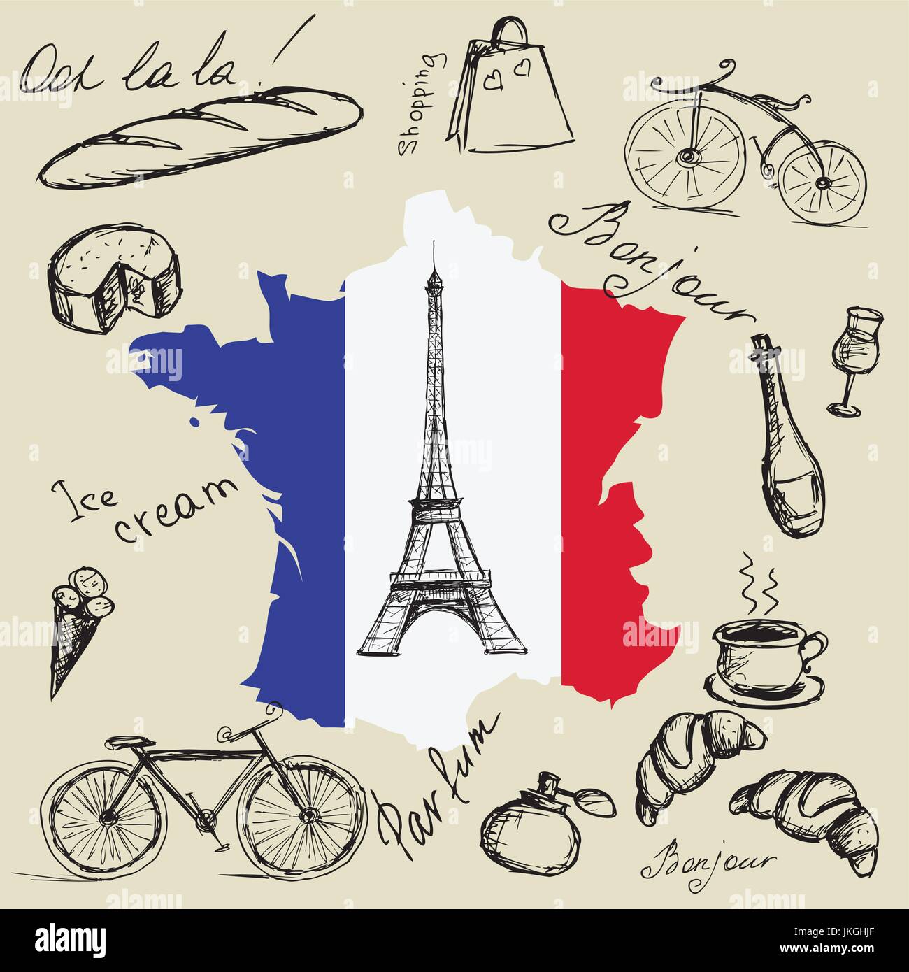 La tour Eiffel, la carte et drapeau de la France et les principaux symboles du pays. Illustration de Vecteur