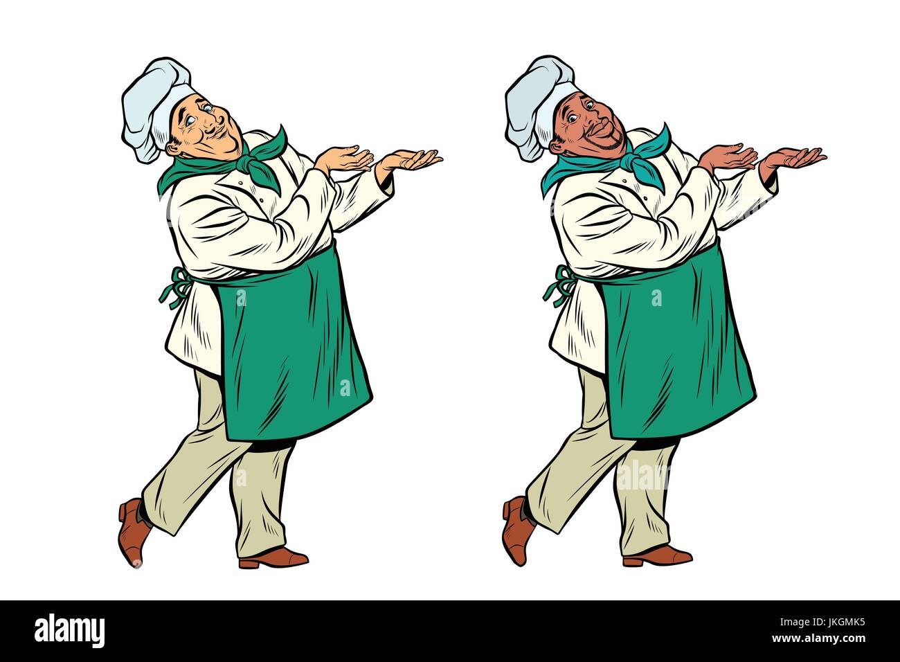 African and Caucasian chef holding hand gesture Illustration de Vecteur