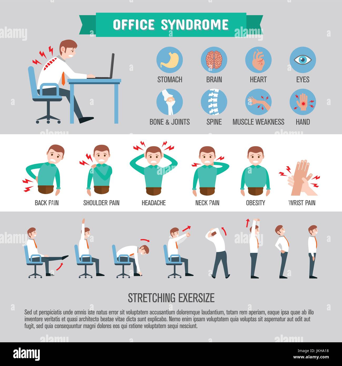 Bureau de santé syndrome infographique infographie Conception du modèle de santé. concept. Les mauvaises postures et bureau. vector cartoon icônes télévision design. Illustration de Vecteur