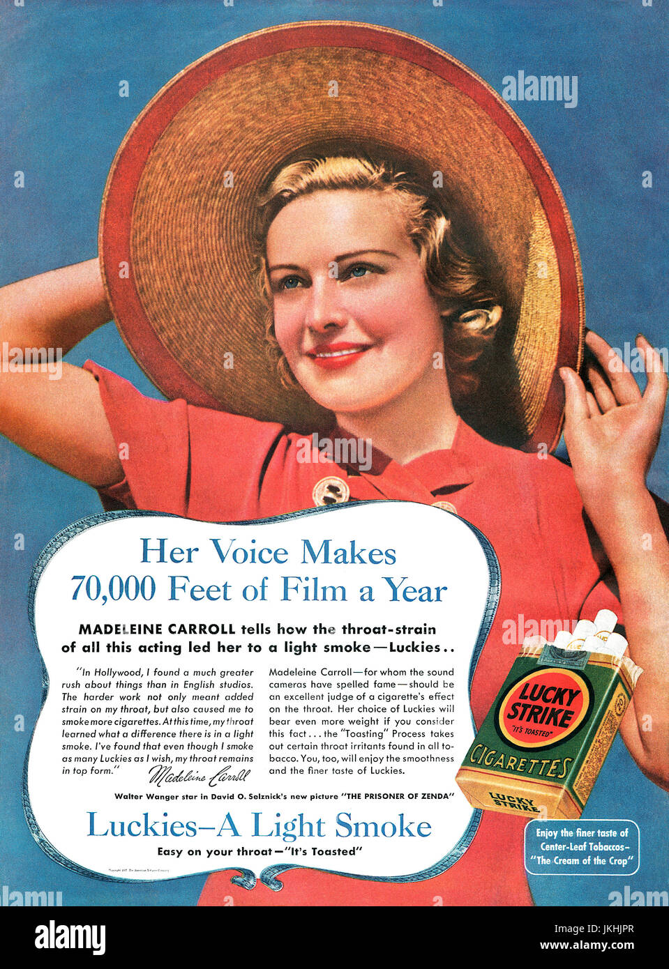 Aux États-Unis 1937 publicité pour les cigarettes Lucky Strike, actrice de Hollywood avec Madeleine Carroll. Banque D'Images Aux États-Unis 1937 publicité pour les cigarettes Lucky Strike, actrice de Hollywood avec Madeleine Carroll. Banque D'Images