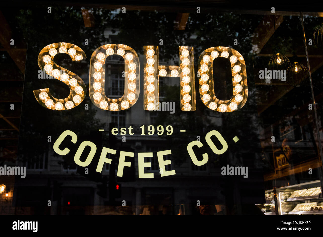 L'atelier de l'entreprise Café Soho/fenêtre dans Londres, Royaume-Uni Banque D'Images