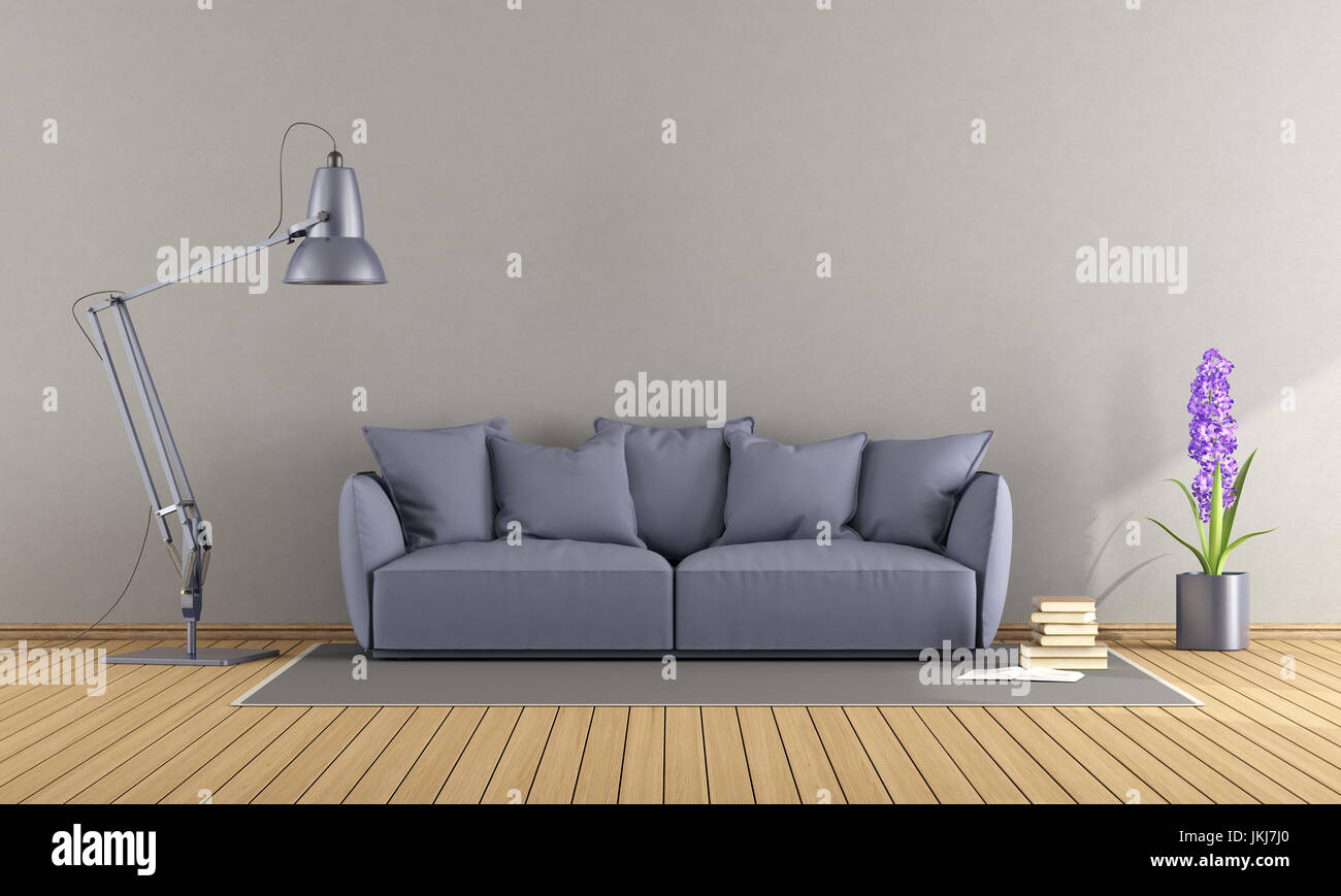 Canapé pourpre dans un salon moderne avec mur gris ,lampe de plancher et plancher de bois - le rendu 3D Banque D'Images