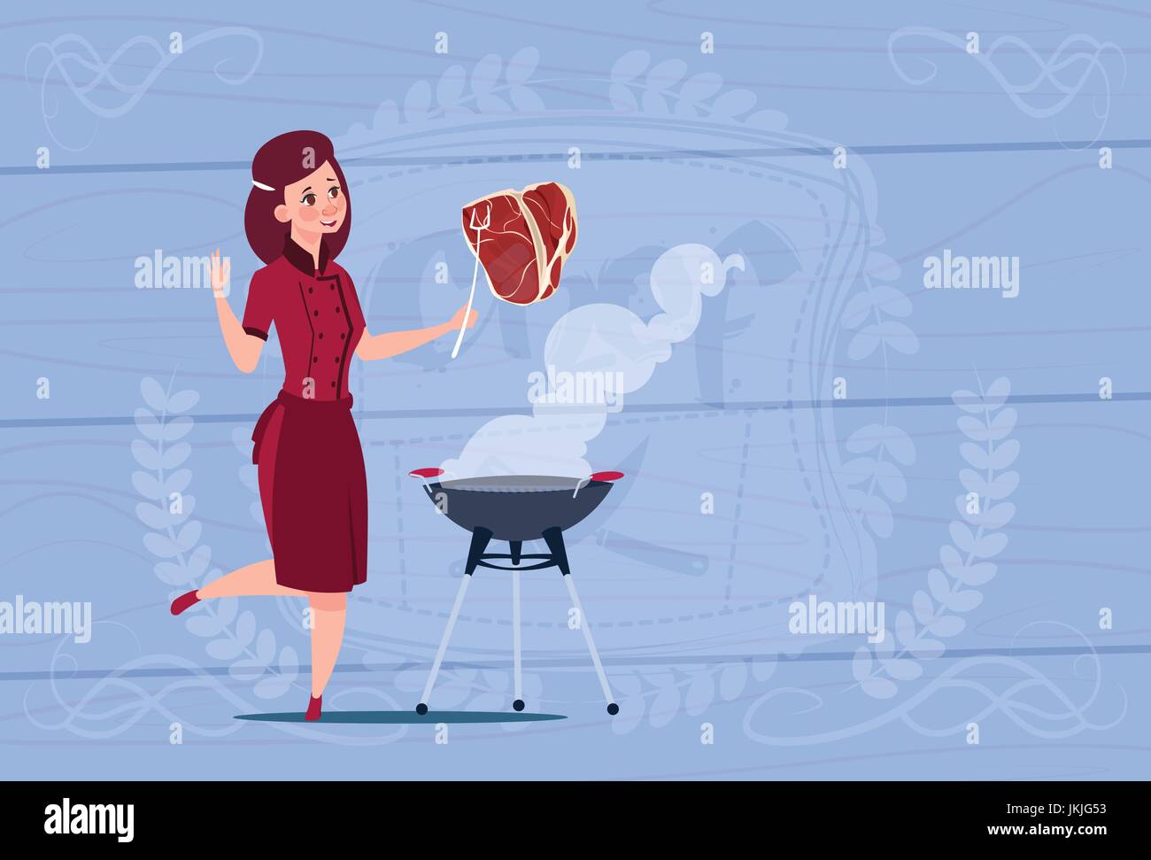 Femme chef cuisiner la viande cuisson chef de bande dessinée dans le uniforme sur fond texturé en bois Illustration de Vecteur