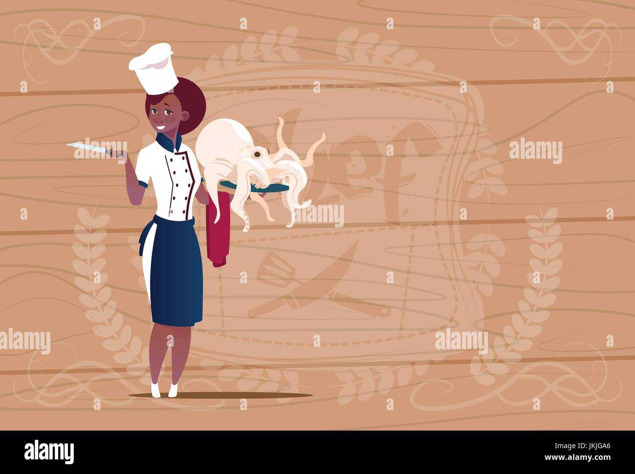 African American Female Holding Chef cuisinier Chef Restaurant Octopus Cartoon en uniforme sur fond texturé en bois Illustration de Vecteur
