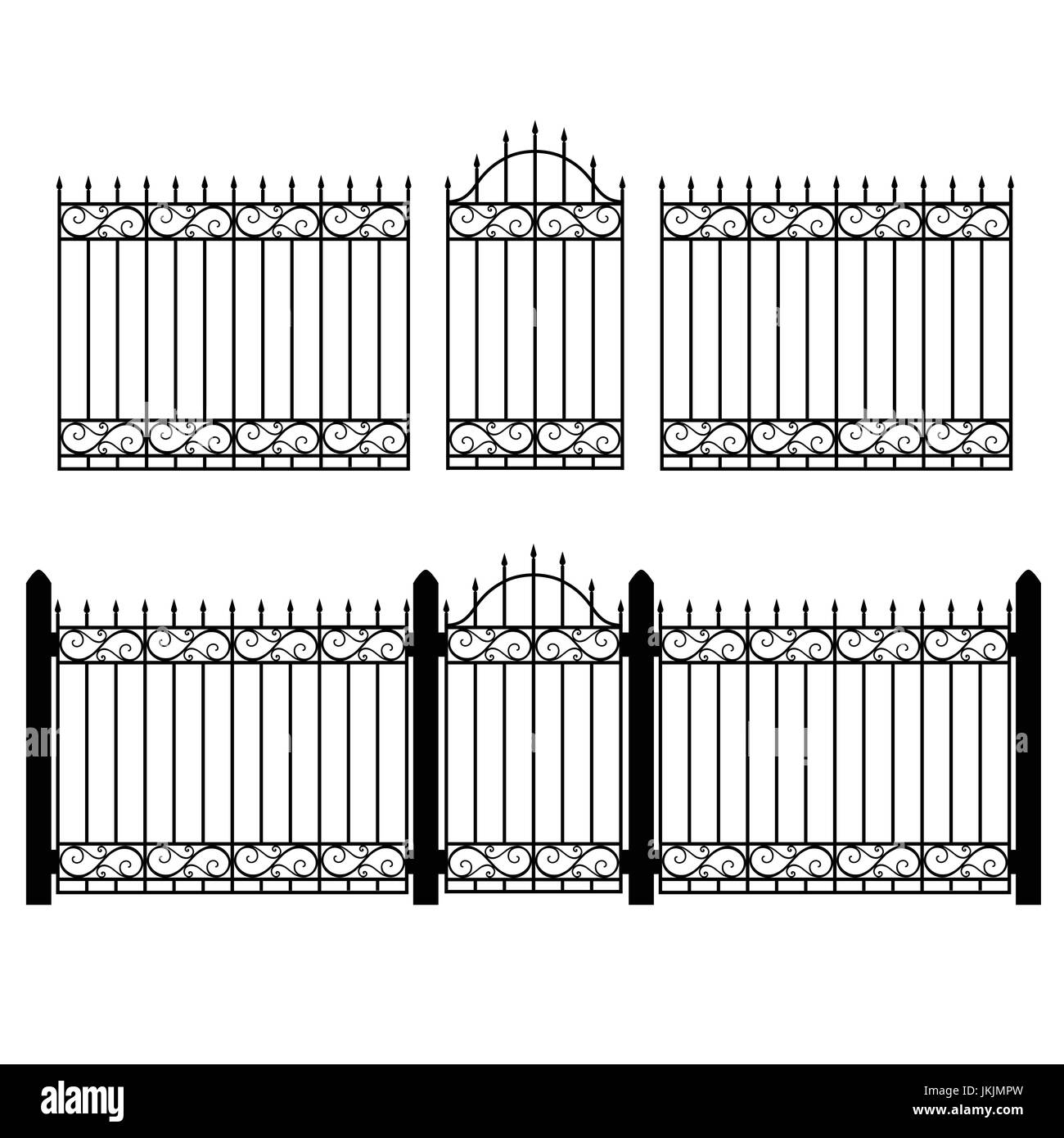 Illustration vecteur modulaire en fer forgé garde-corps et clôture. Vintage porte avec tourbillons. Clôture en treillis forgé noir Illustration de Vecteur