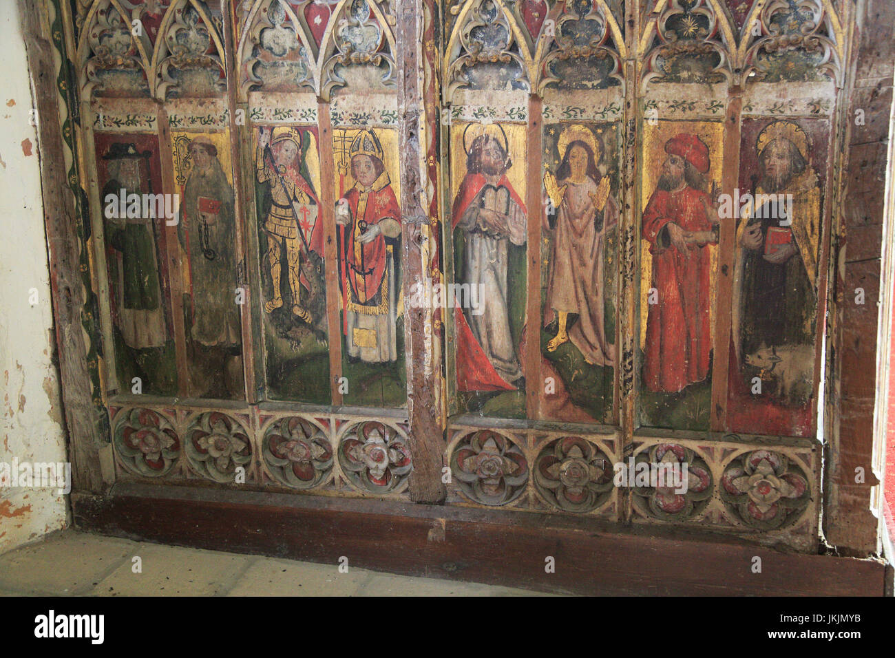Jubé médiéval, peintures de l'église St Andrew, Westhall, Suffolk, Angleterre, RU Banque D'Images