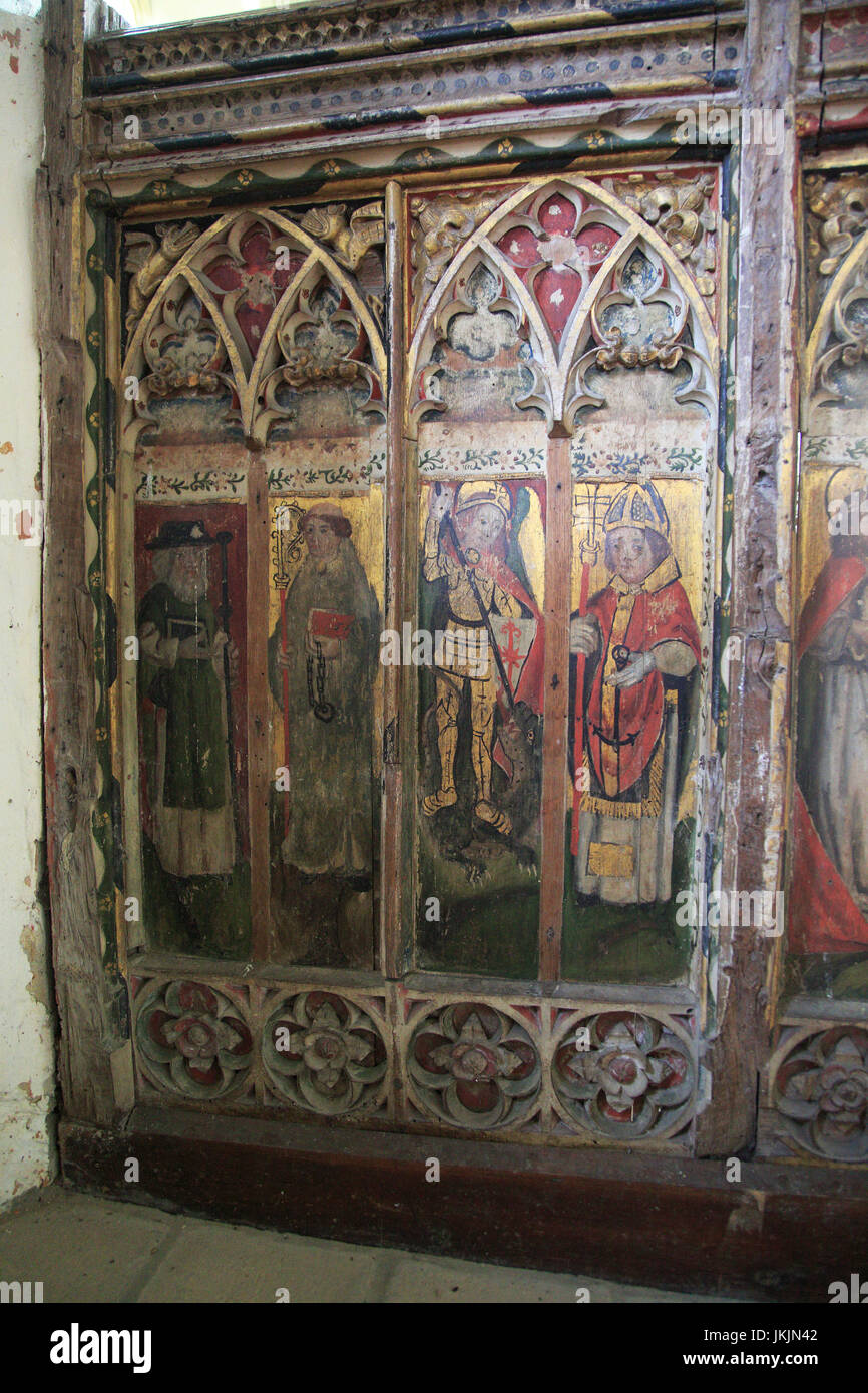 Jubé médiéval, peintures de l'église St Andrew, Westhall, Suffolk, Angleterre, RU Banque D'Images