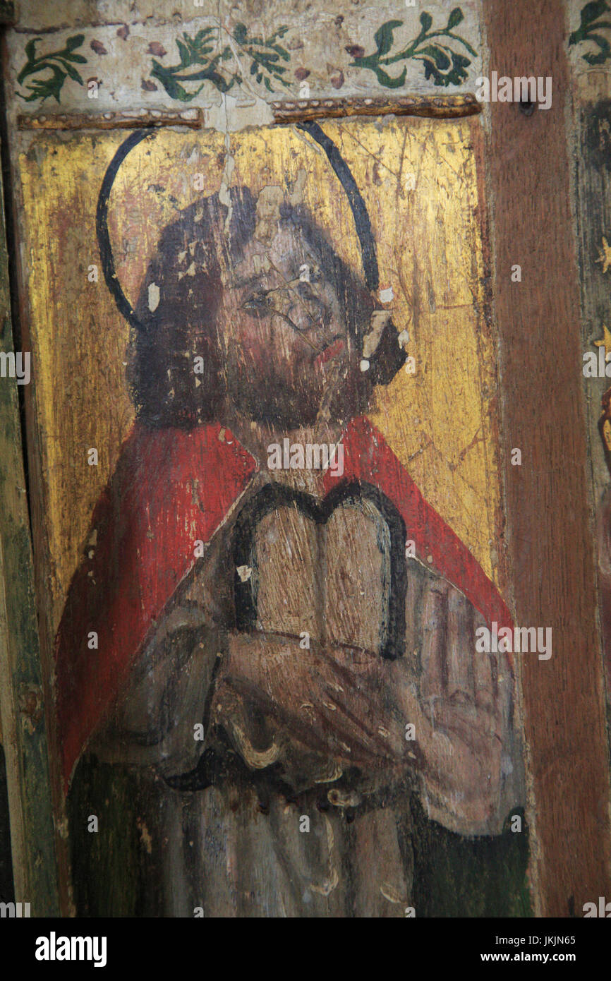 Moïse jubé médiéval, peintures de l'église St Andrew, Westhall, Suffolk, Angleterre, RU Banque D'Images