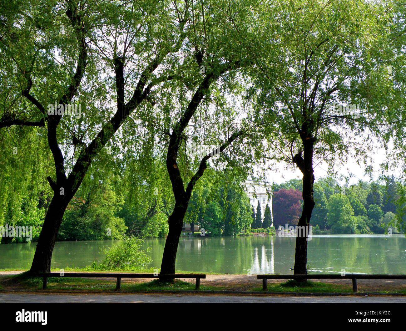 Magnifique parc sur la rive du lac du lac de Leopoldskroner Weiher, Salzbourg, Autriche Banque D'Images