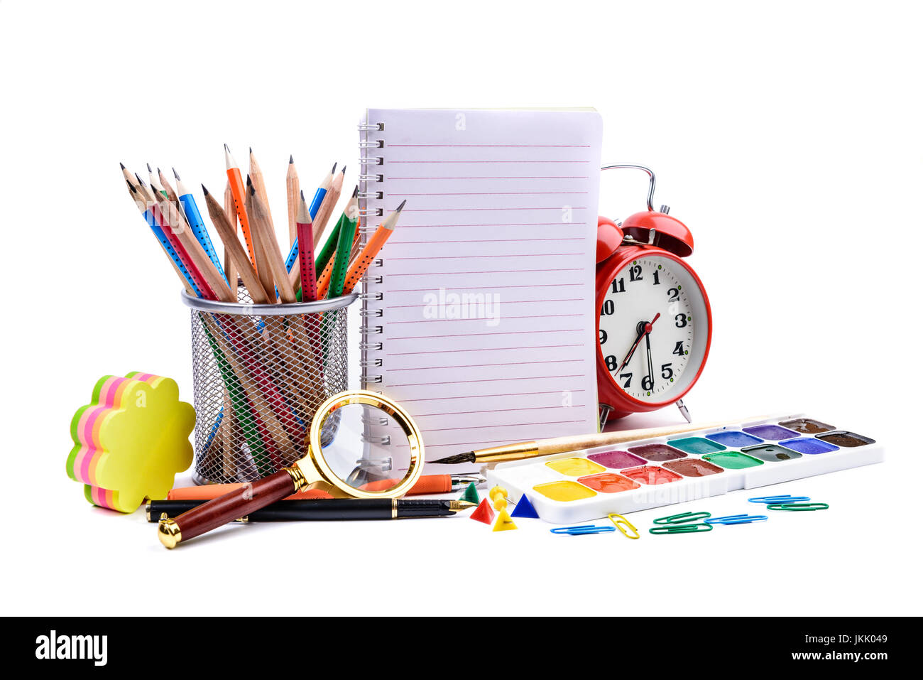 Photo de bureau et de l'étudiant sur fond blanc - Retour à l'école concept Banque D'Images