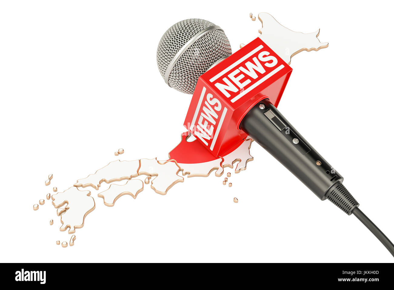 Actualités concept japonais, microphone news sur la carte du Japon. Le rendu 3D Banque D'Images