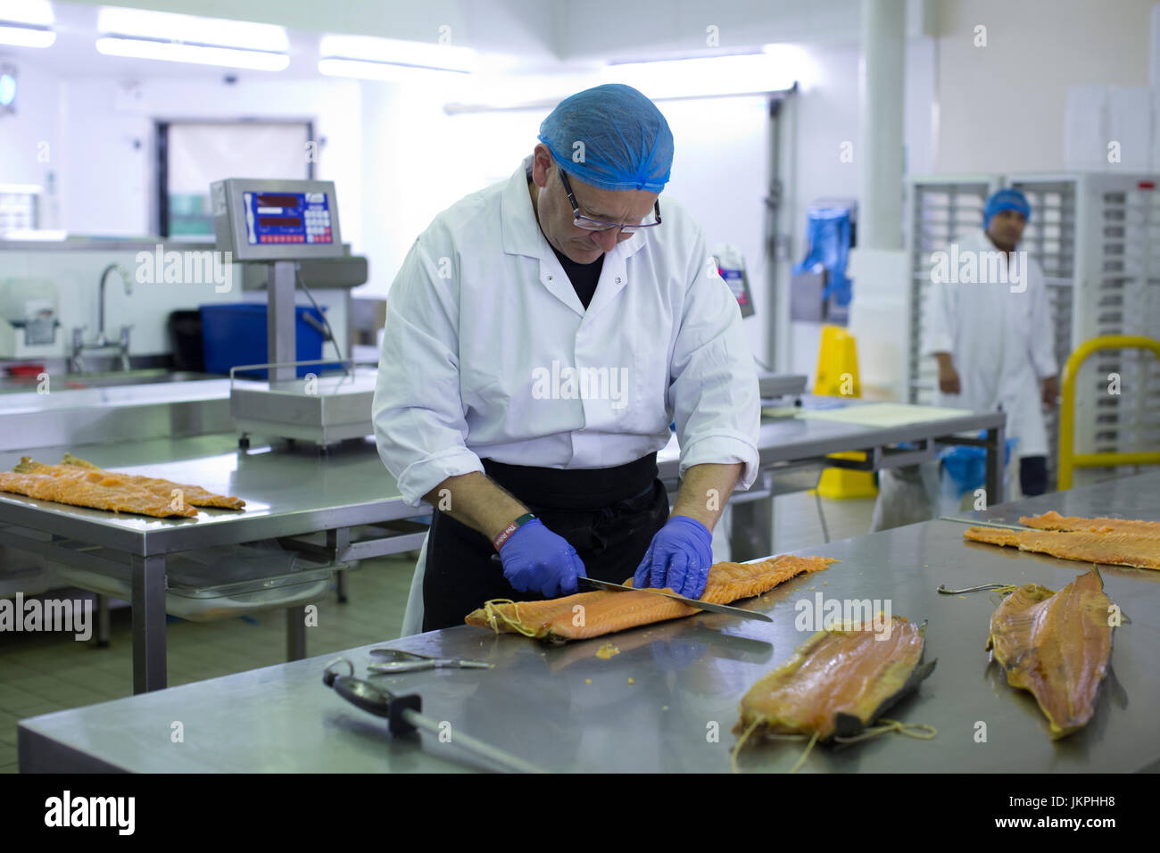 Le saumon de l'Est H Smokehouse, Forman & Son's, qui a récemment bénéficié d'une Indication Géographique Protégée (IGP), statut d'Hackney Wick, London, UK Banque D'Images