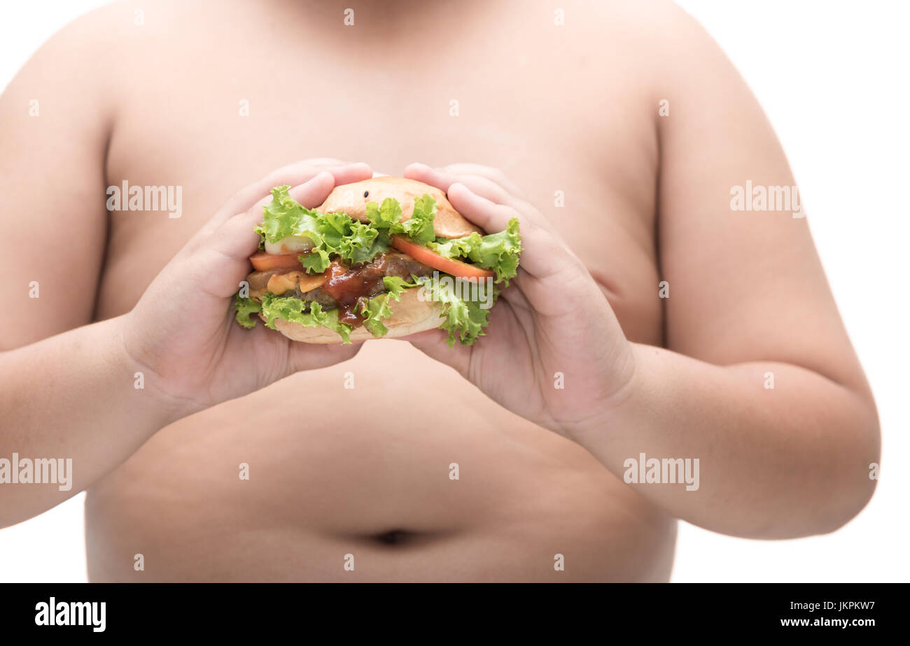 Hamburger de porc en obésité fat boy part isolé sur fond blanc, une mauvaise alimentation, la malbouffe ou restauration rapide Banque D'Images