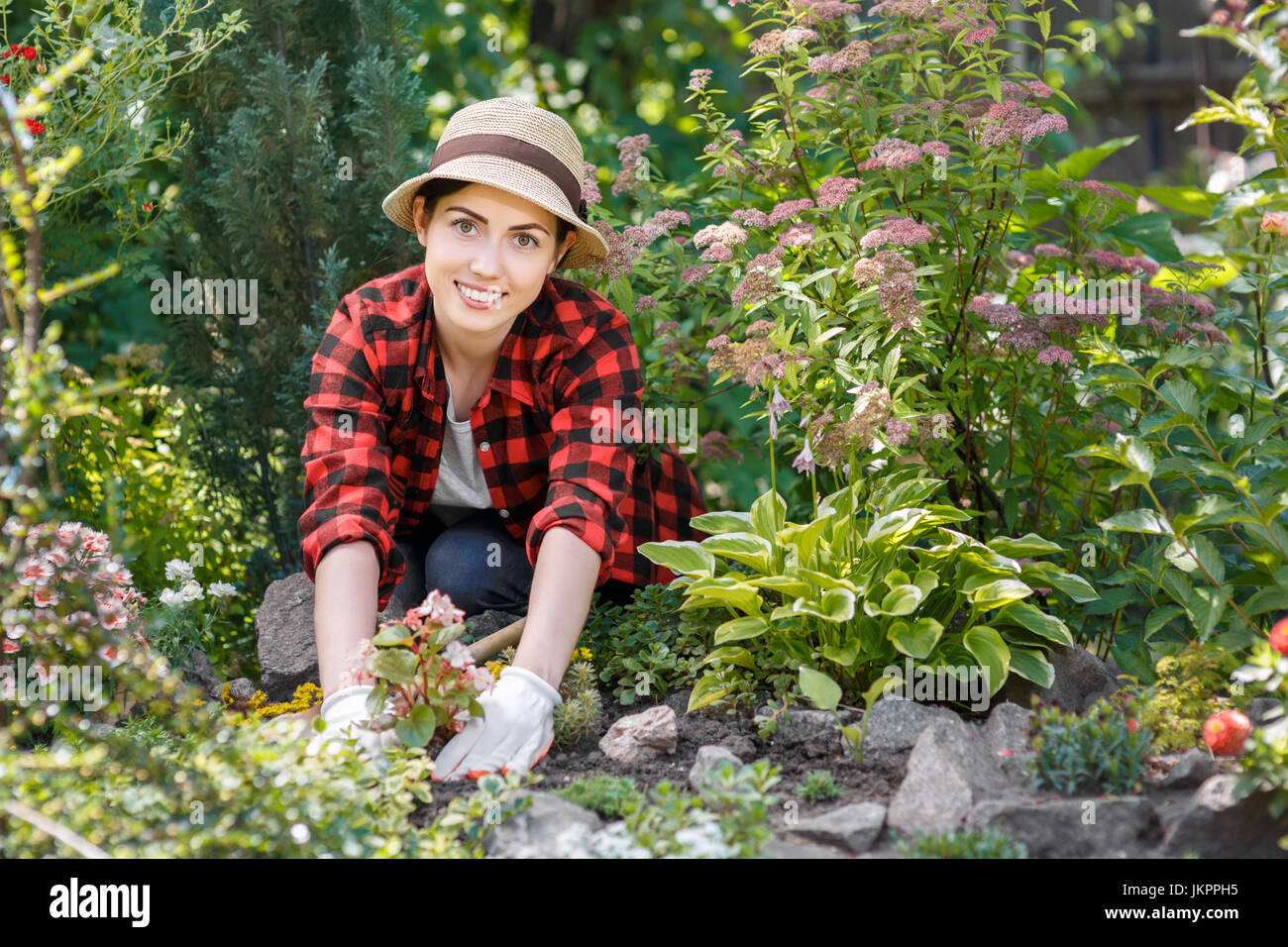 Chauffeur particulier femme planter des fleurs Banque D'Images