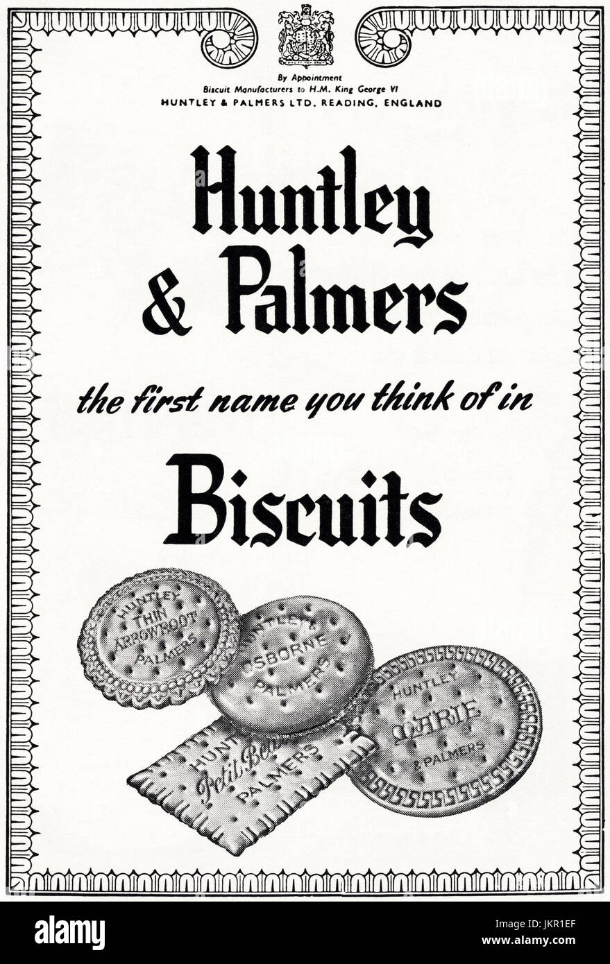 1950 old vintage publicitaire original Huntley & Palmers biscuits par nomination royale de Sa Majesté le Roi George VI dans le magazine vers 1950 Banque D'Images