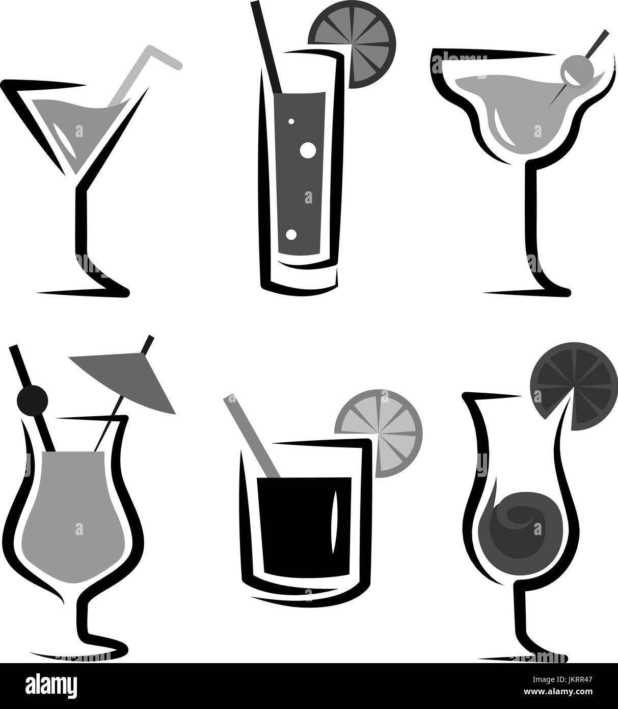 Différents types de verres à l'apéritif, ocktails, décoré par des fruits, menthe et couleurs Illustration de Vecteur