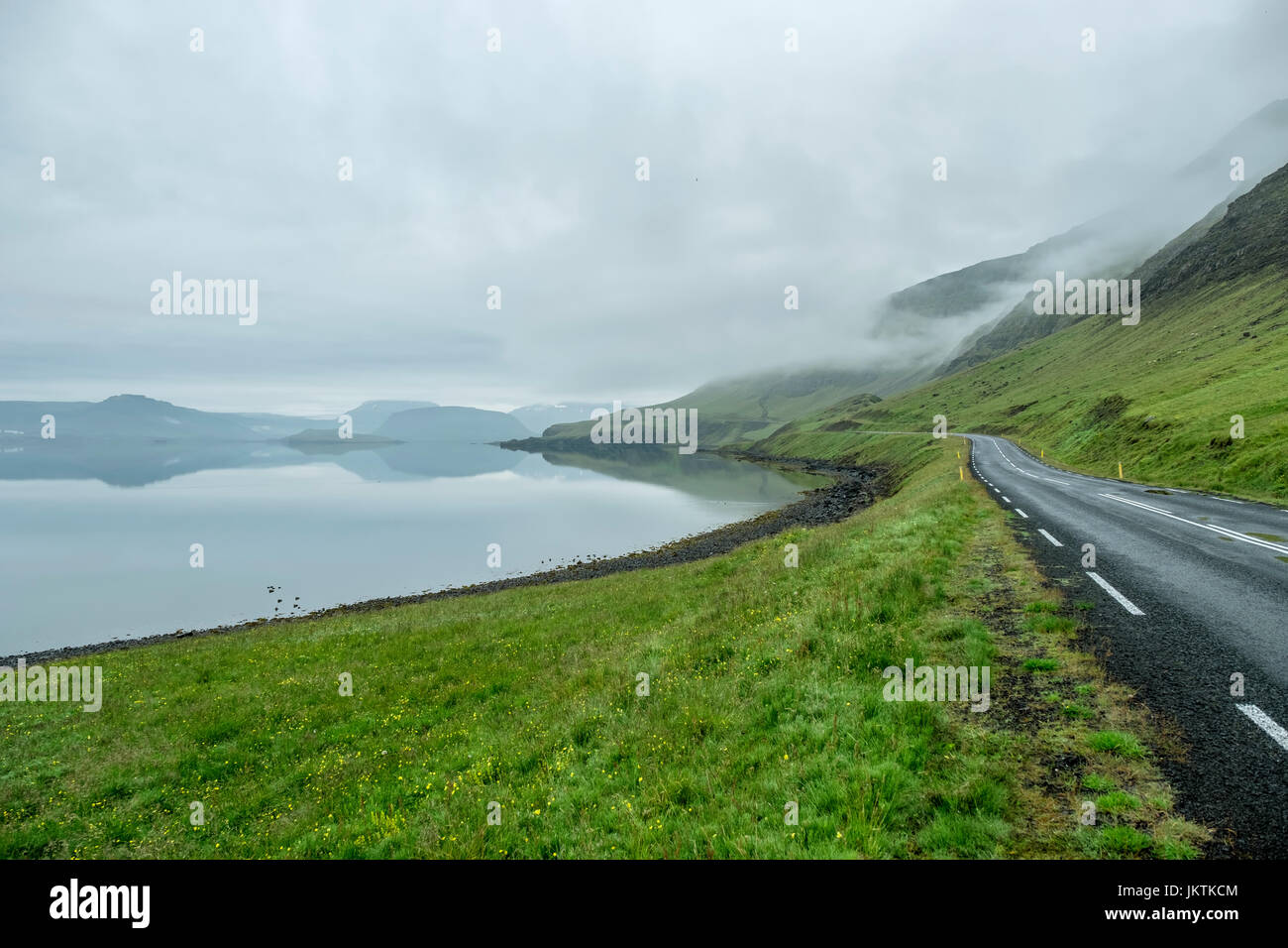 Desolate curving road menant dans un fjord islandais Banque D'Images
