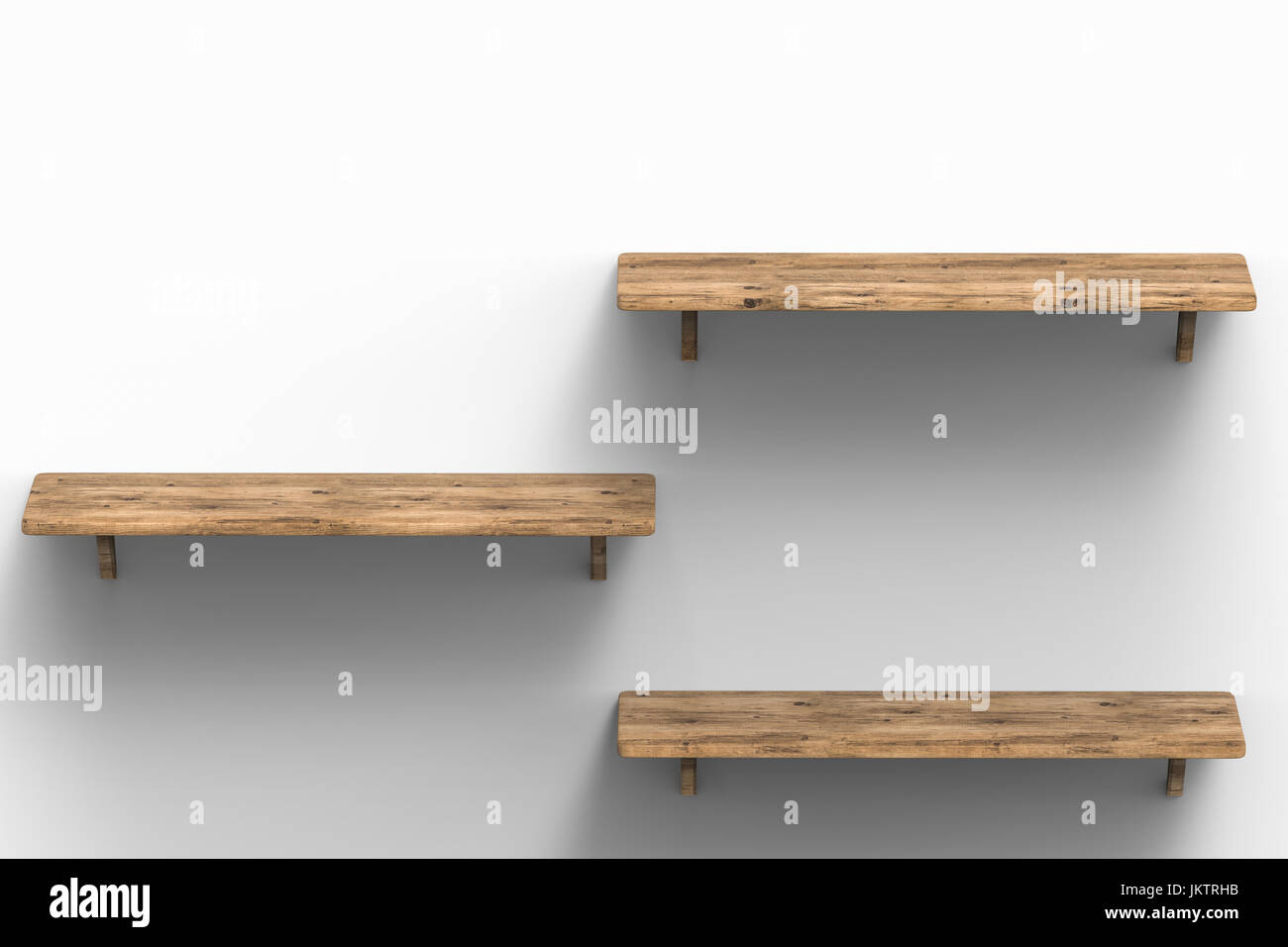 Le rendu 3D trois étagères en bois sur mur Banque D'Images