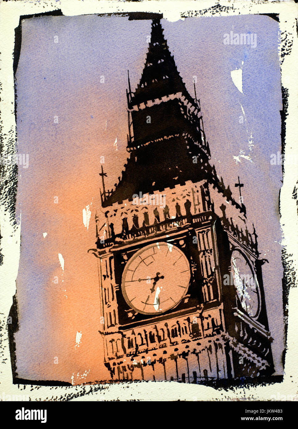 Fine art de l'aquarelle w/ photo faux frontières de Big Ben (réveil  d'Elizabeth Tower) des Chambres du Parlement- Londres, Royaume-Uni Photo  Stock - Alamy