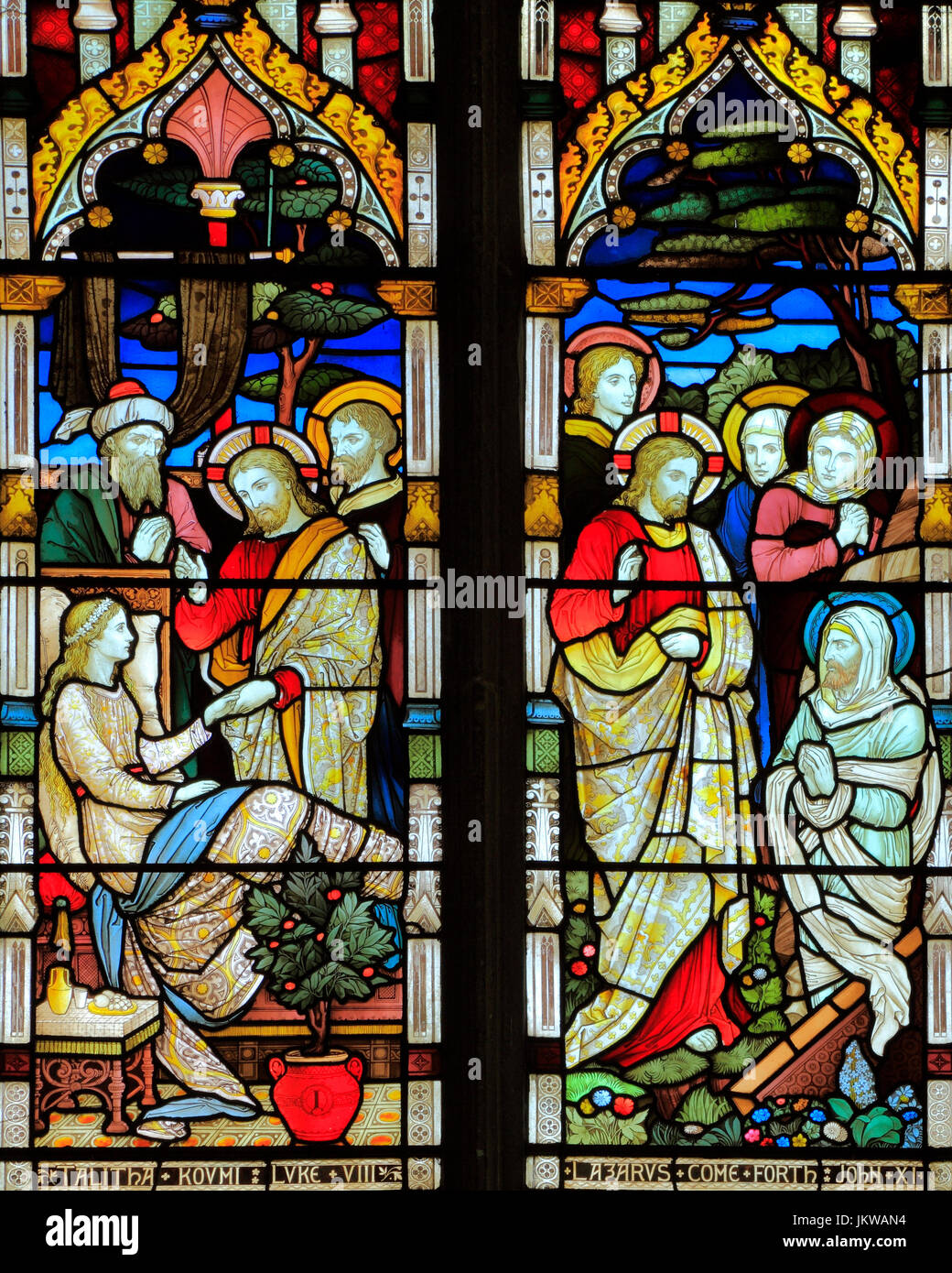 Miracles de Jésus, rassemblements de Jarius' fille, Talitha Koum, Résurrection de Lazare, vitrail, par Heaton Butler & Bayne, 1878, Swaffham Banque D'Images