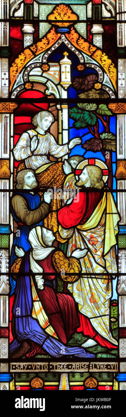 Les miracles de Jésus, te le dis surviennent, vitrail, par Heaton Butler & Bayne, 1878, Thetford, Norfolk, England, UK Banque D'Images