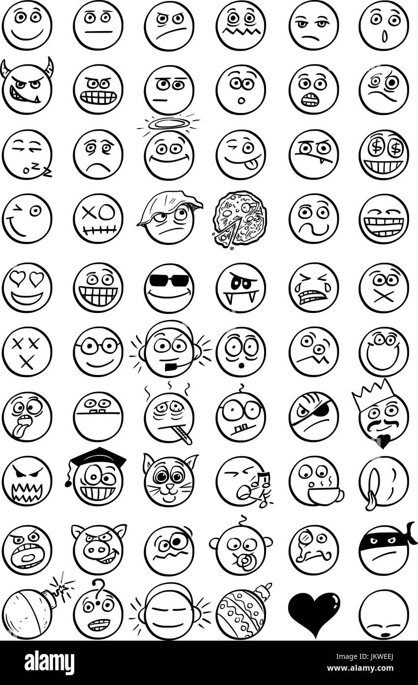 Grand ensemble de 60 vector hand drawn cartoon smileys emoticons . Illustration de Vecteur