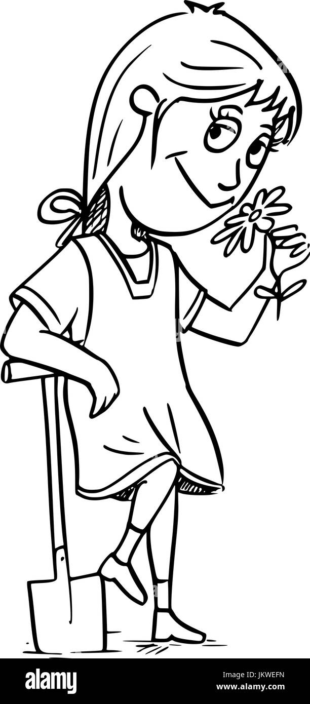 Dessin à la main cartoon illustration de petite fille avec pelle de jardinier qui sent la fleur. Illustration de Vecteur