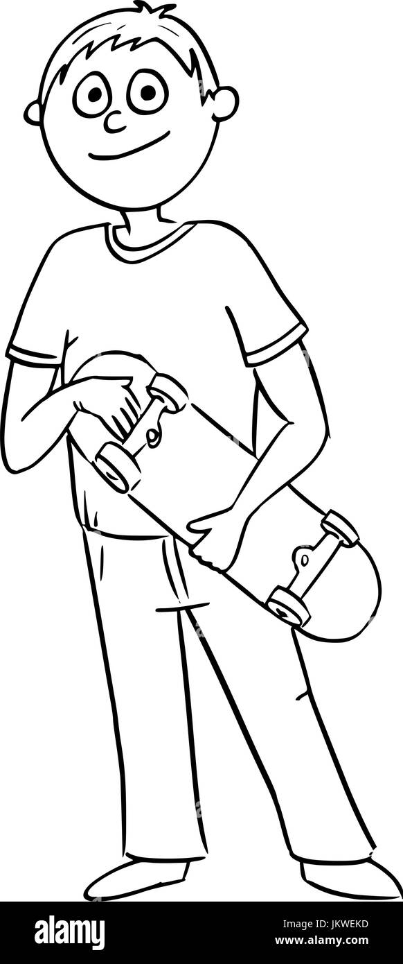 Hand drawn vector cartoon illustration du garçon tenant une planche à roulettes. Illustration de Vecteur