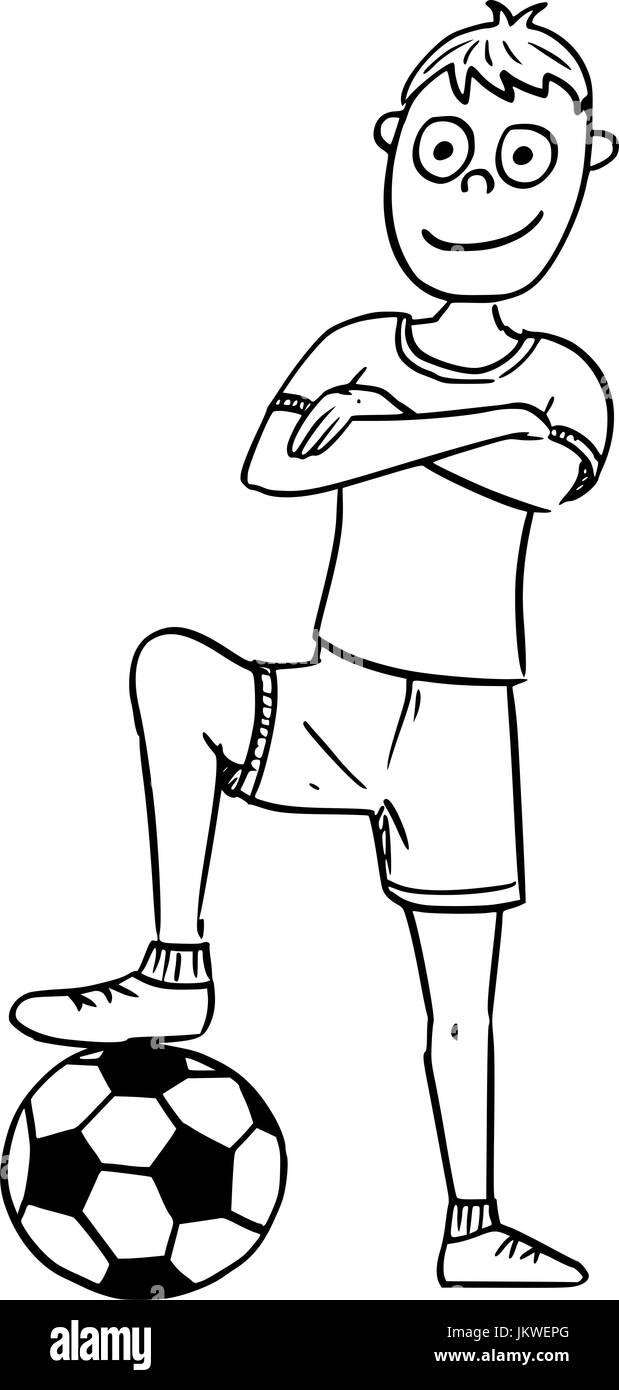 Dessin à la main cartoon vector illustration de football soccer player posant avec une balle. Illustration de Vecteur