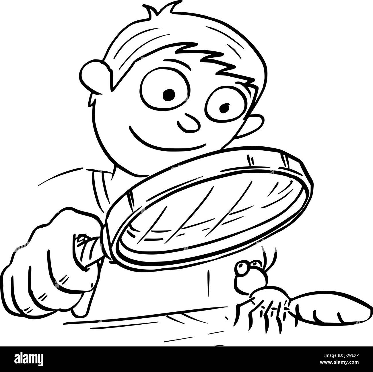 Caricature dessin à la main vector illustration of boy holding hand loupe et regarder les insectes ant. Illustration de Vecteur