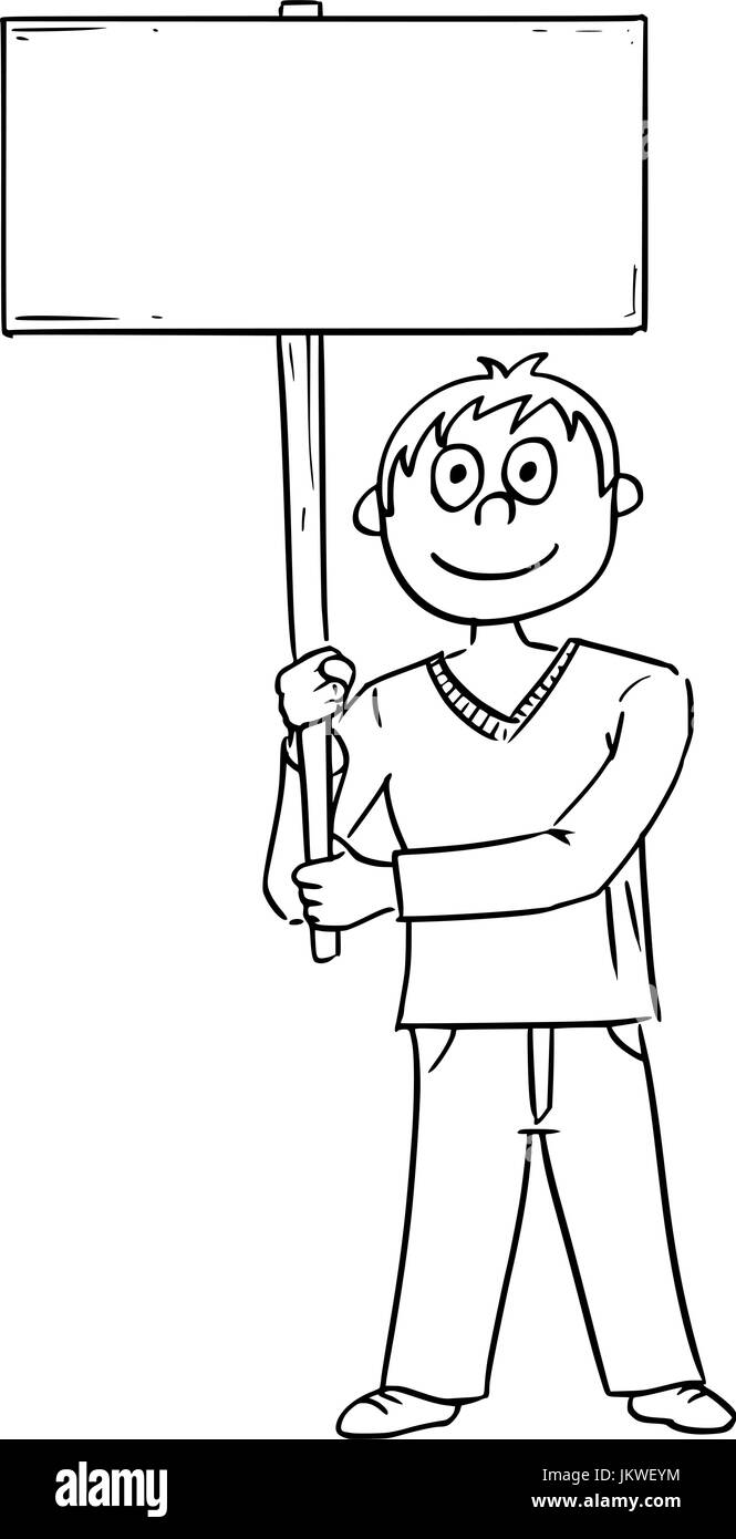 Dessin à la main cartoon vector illustration of young man holding empty signe. Illustration de Vecteur