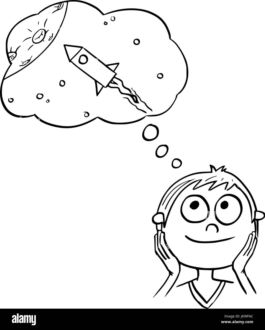 Dessin à la main cartoon vector illustration de garçon à rêver de navire de l'espace voyages ou l'exploration de l'espace. Illustration de Vecteur