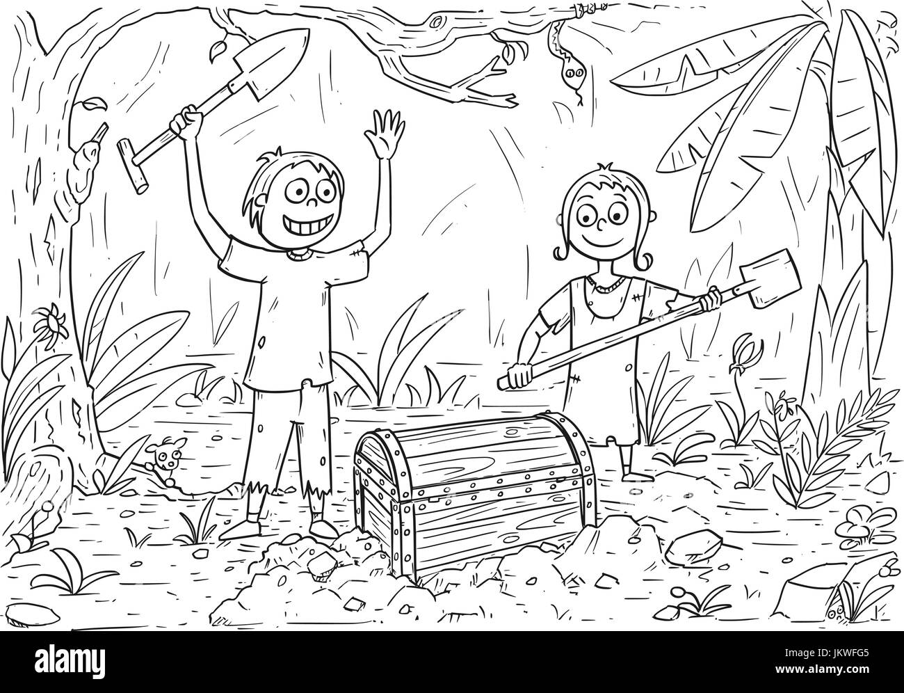 Dessin coloriage avec happy boy and girl qui ont trouvé dans le coffre au trésor des pirates de l'île tropicale de la forêt. Illustration de Vecteur