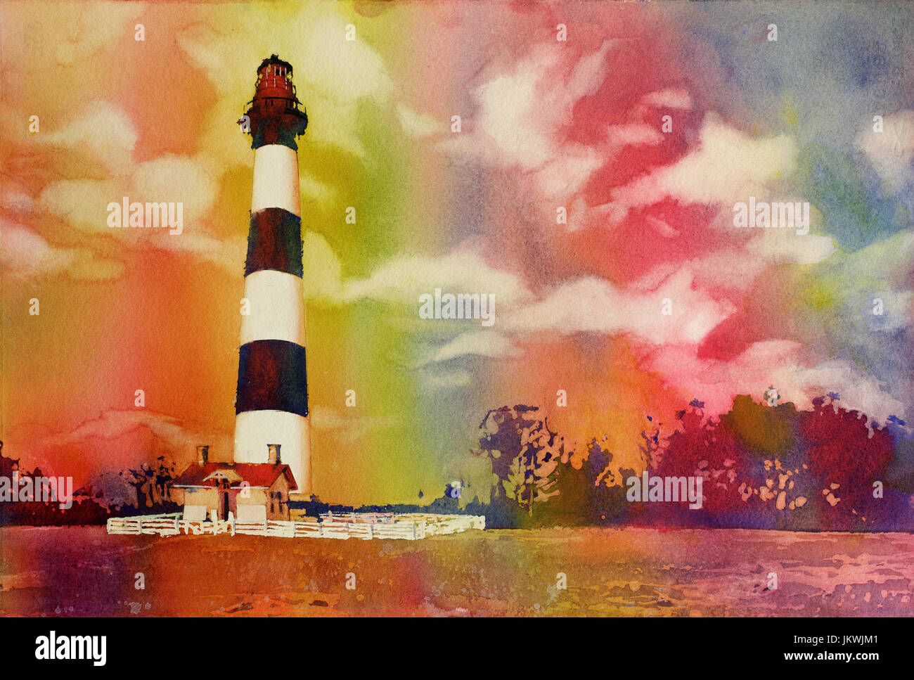 Fine art de l'aquarelle de Bodie Island Lighthouse au coucher du soleil dans les Outer Banks (OBX) de Caroline du Nord - USA Banque D'Images