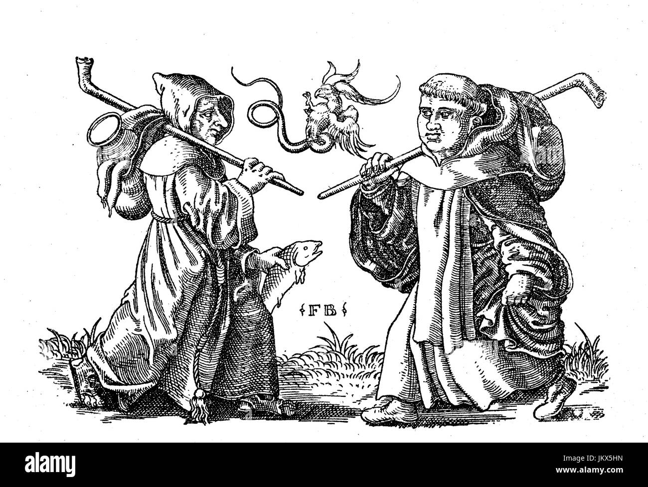 Amélioré : numérique, deux moines mendier, gravure sur cuivre par Franz Brun autour de 1560, publication de l'année 1882 Banque D'Images