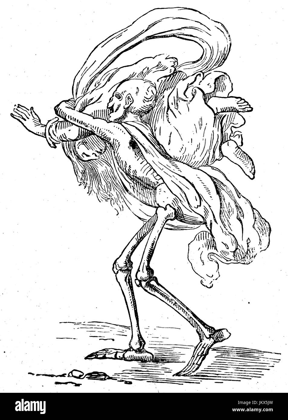 Amélioré : numérique, la mort, squelette et la vie religieuse, épris de tourbillons de la mort la femme à travers l'air, la publication de l'année 1882 Banque D'Images