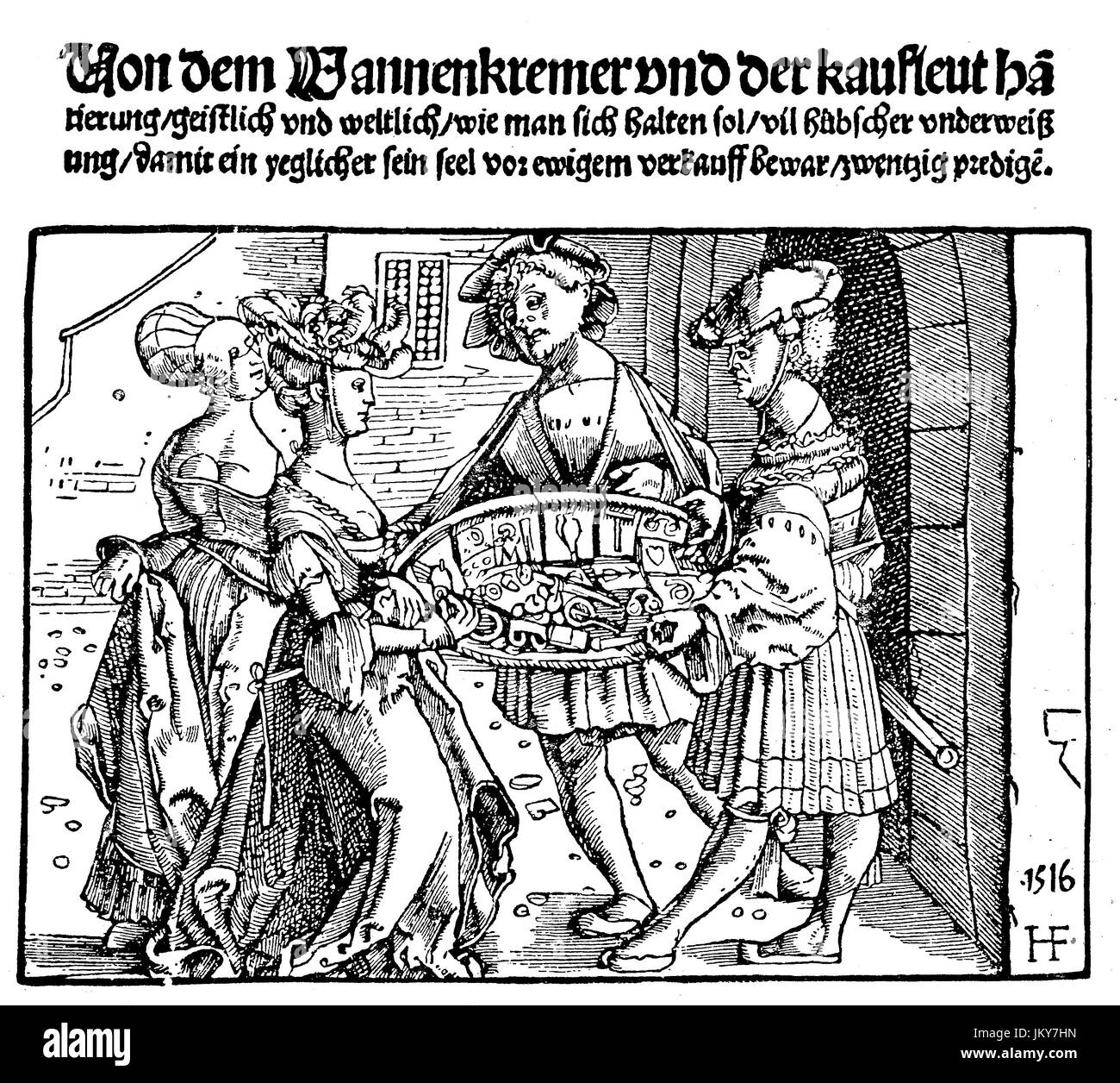 Amélioré : numérique, les costumes, les femmes d'examiner les marchandises les colporteurs, marchands, gravure sur bois de 1516, publication de l'année 1882 Banque D'Images