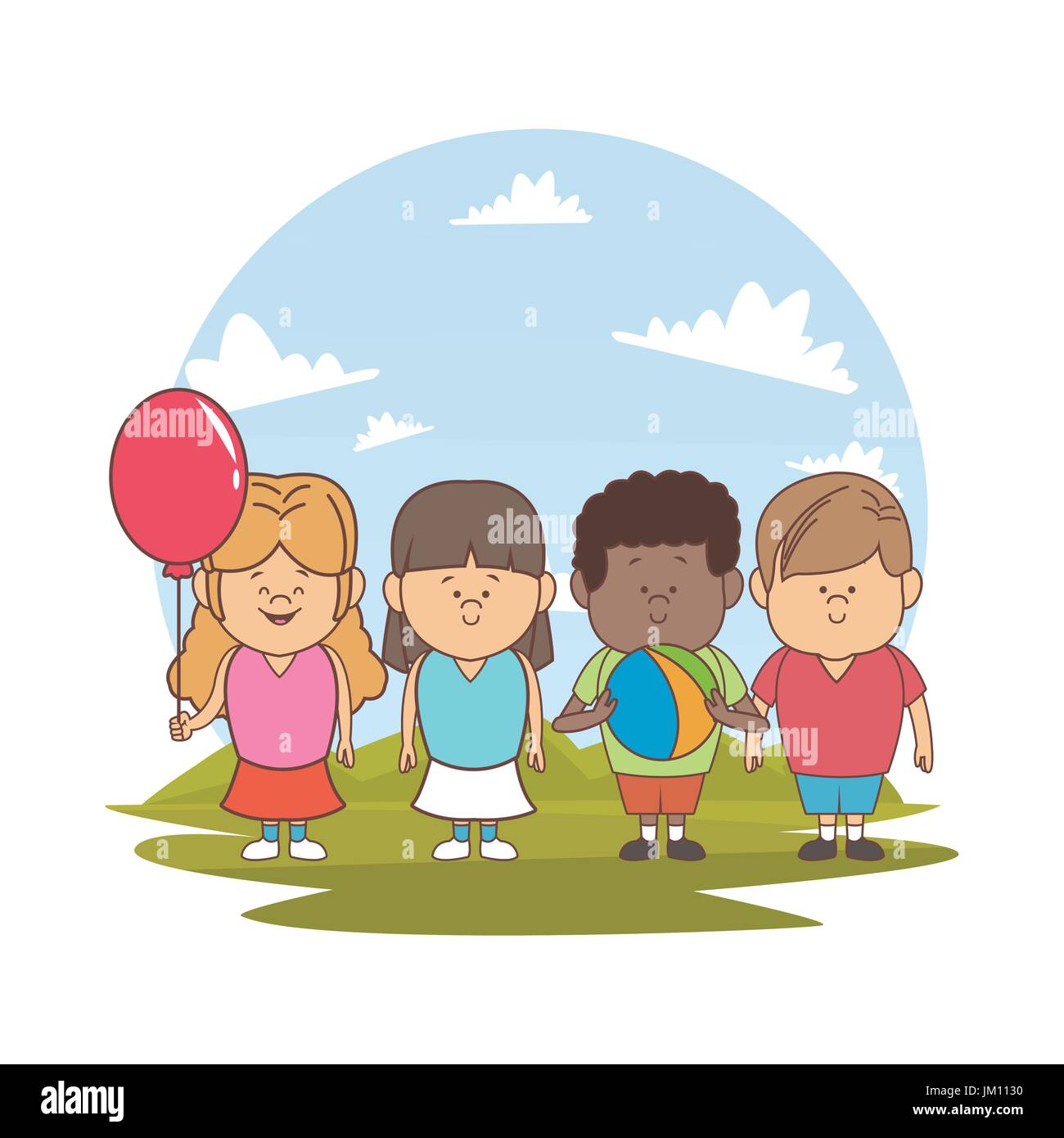 Fond blanc avec la couleur d'ossature paysage avec les enfants ensemble avec ballon et globe Illustration de Vecteur