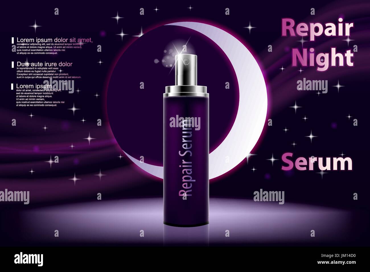 Produit hydratant cosmétique. Violet brillant bouteille de sérum de nuit sur un fond violet foncé avec des éléments lumineux et doux effet bokeh. Vector 3D illustration. Illustration de Vecteur
