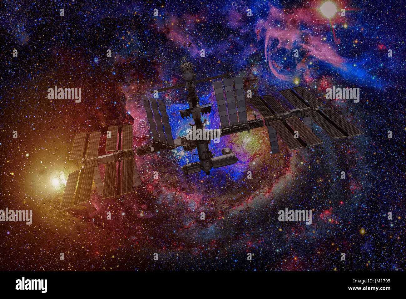 Station spatiale internationale plus de galaxie spirale terre. Éléments de cette image fournie par la NASA. Banque D'Images