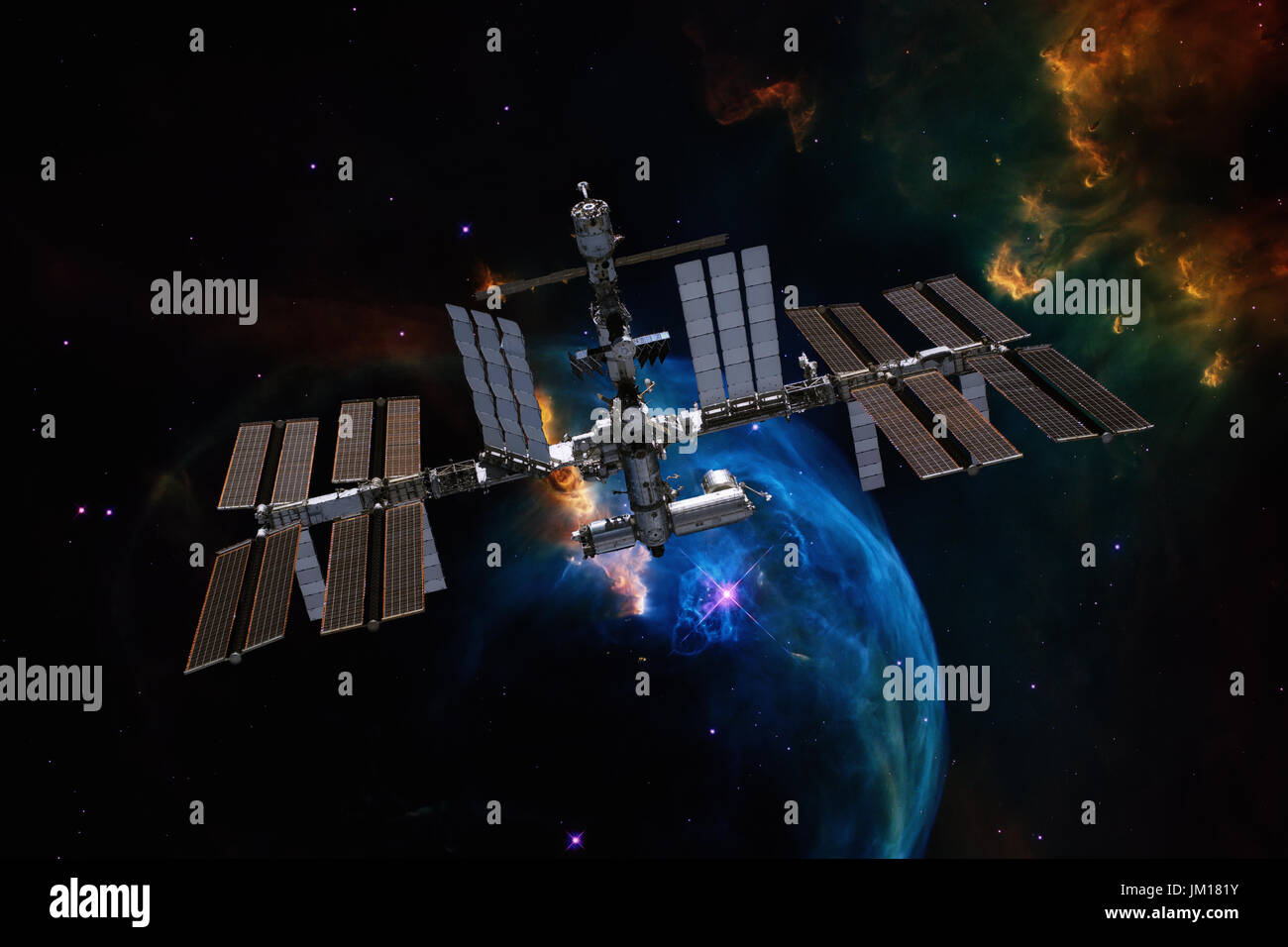 Station spatiale internationale plus nébuleuse. Éléments de cette image fournie par la NASA. Banque D'Images