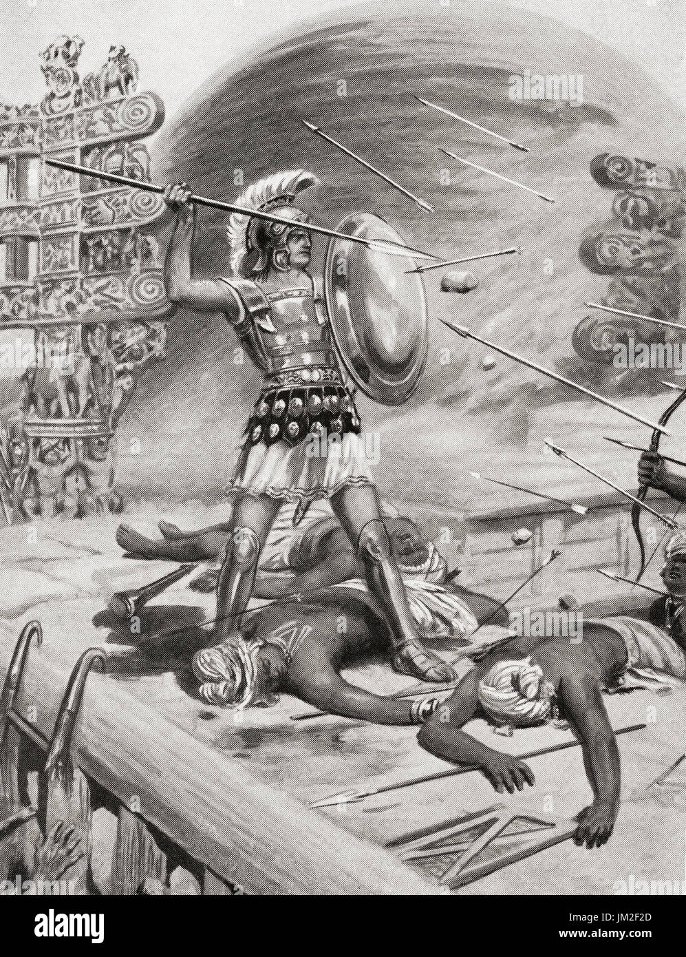 EDITORIAL Alexandre le grand combattant les Assacani à la ville fortifiée de Massaga, l'Inde au cours de sa campagne d'Indien en 326BC. Alexandre III de Macédoine, 356 BC - 323 BC, alias Alexandre le Grand. Roi de l'ancien grec royaume de Macédoine. Après la peinture par Ambrose Dudley (1867-1951). L'histoire de Hutchinson de l'ONU, publié en 1915. Banque D'Images