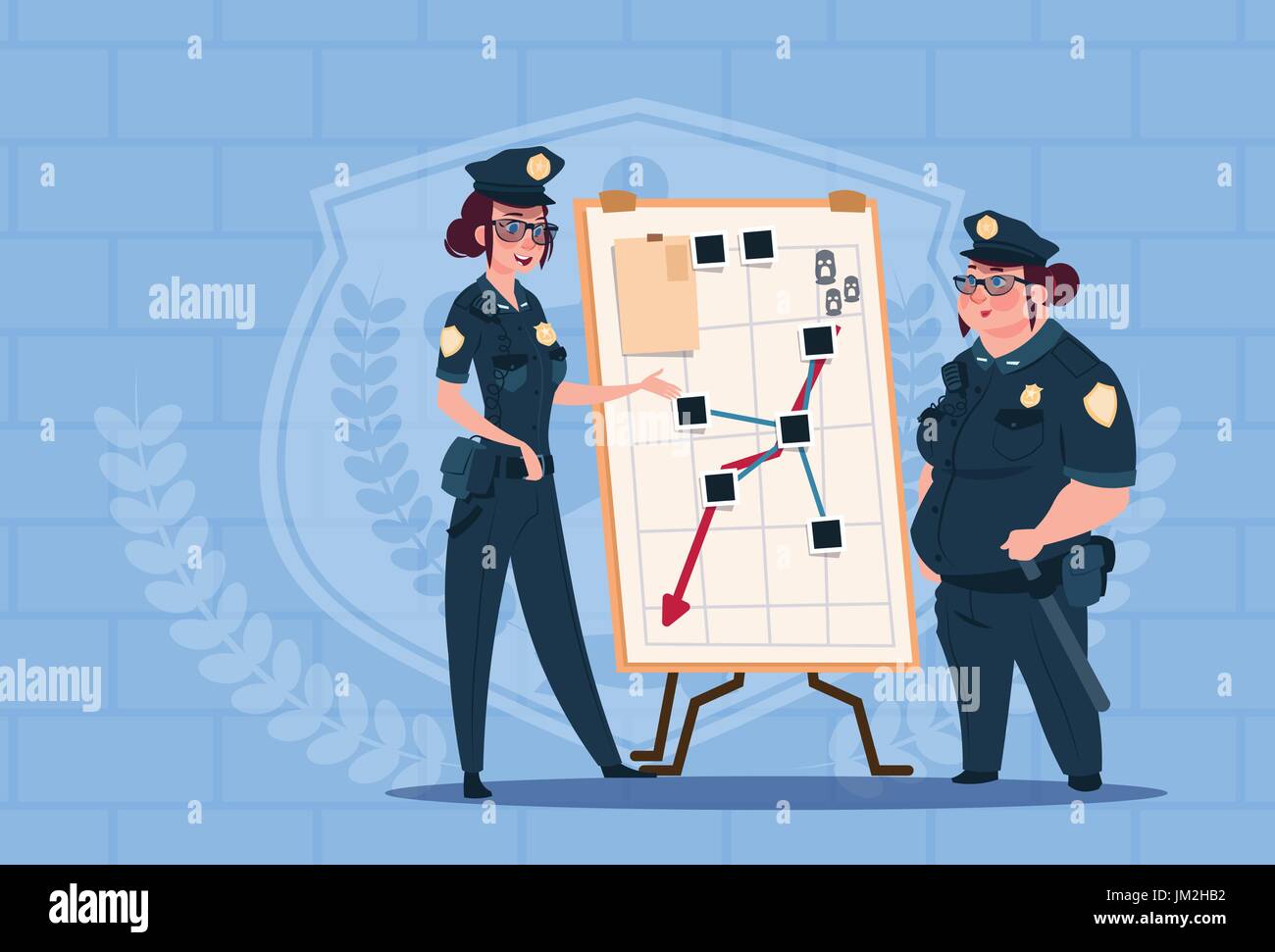 Deux femmes de la Police d'action de planification sur un tableau blanc les gardiennes en uniforme bleu sur fond brique Illustration de Vecteur