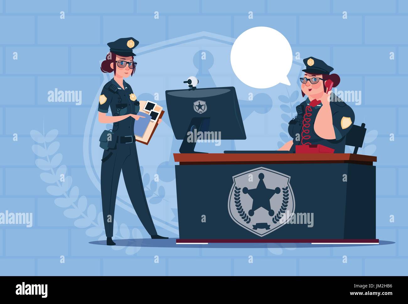 Deux femmes travaillant sur ordinateur de la police en uniforme des gardiennes sur bleu Banc Feuilles Illustration de Vecteur