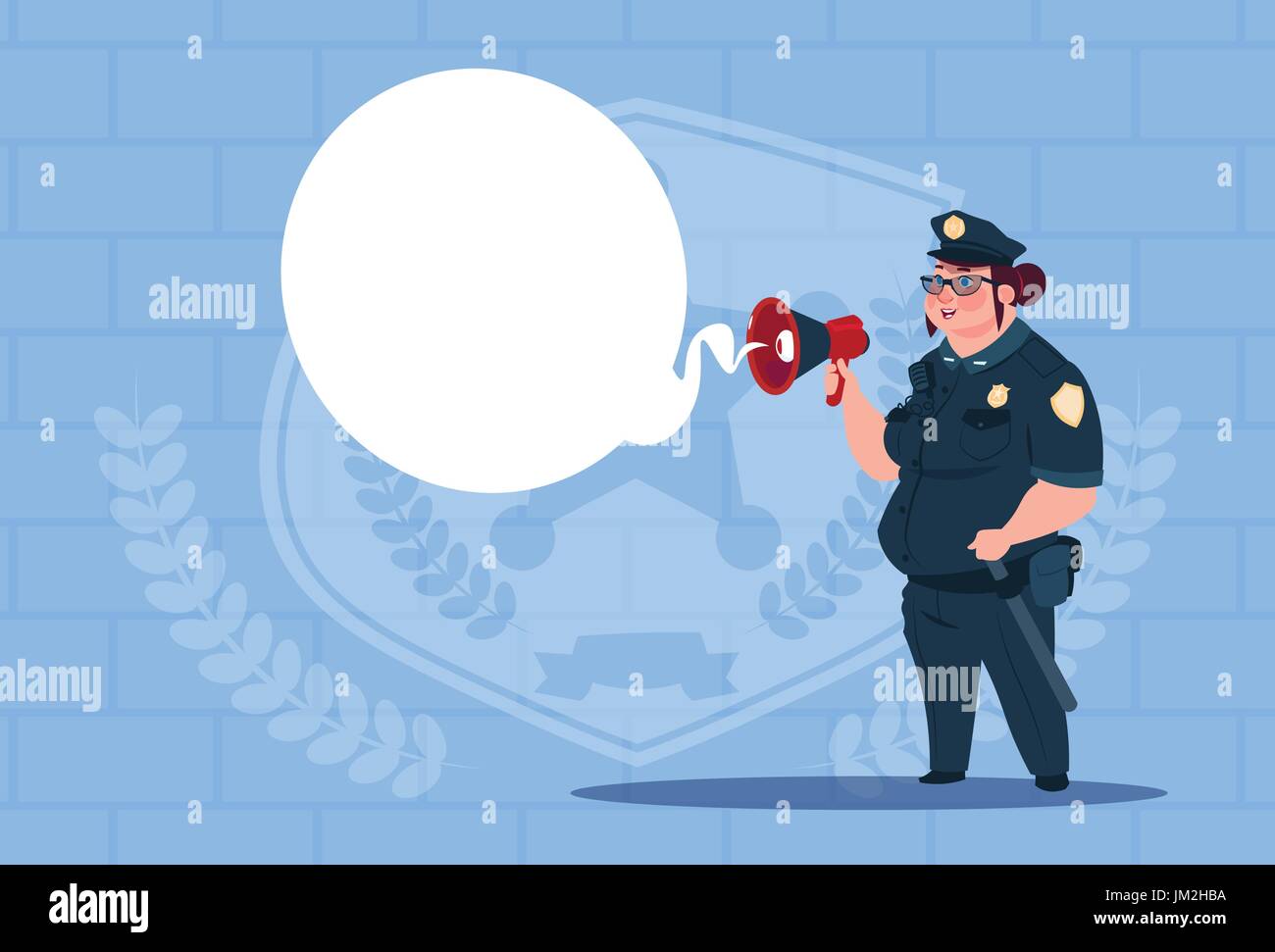 L'action de planification Police Woman On White Board en uniforme Gardienne sur bleu Banc Feuilles Illustration de Vecteur