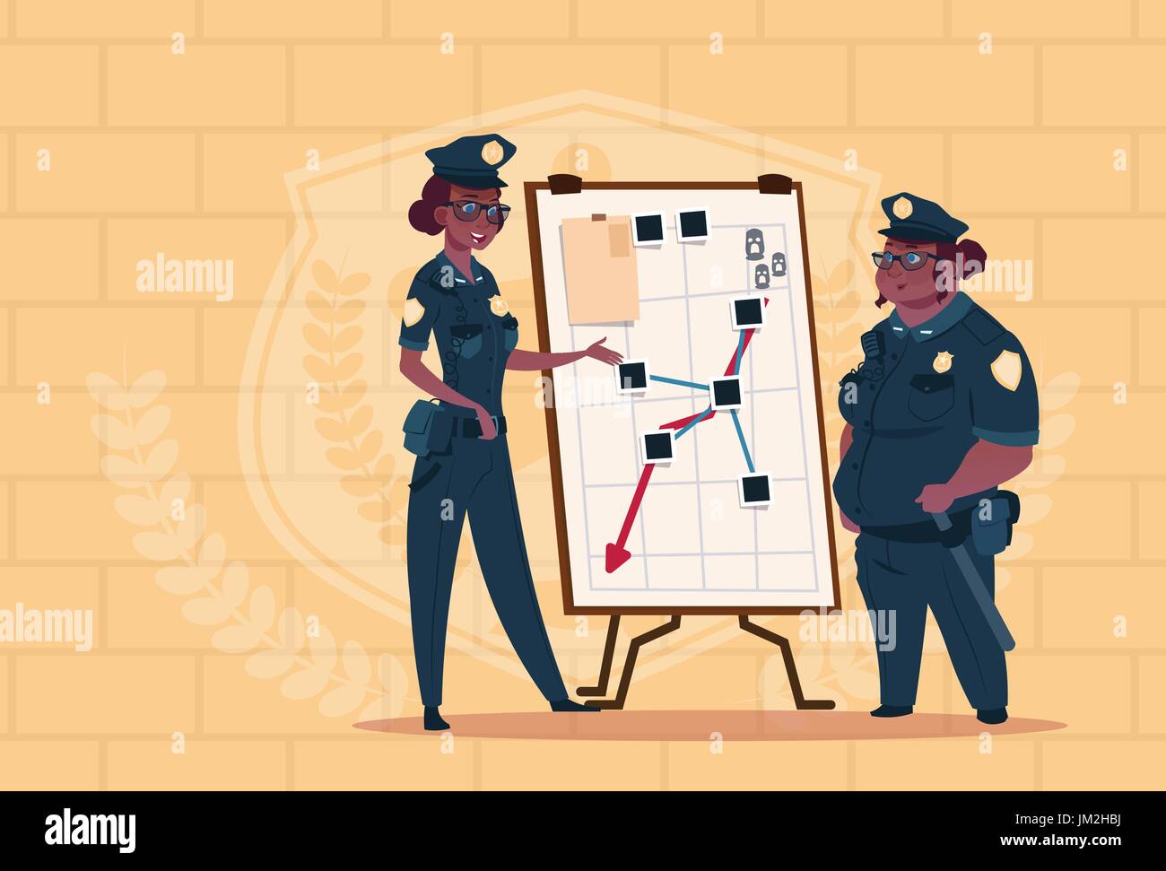 Deux femmes de la police américaine de l'Afrique de l'action de planification sur un tableau blanc les gardiennes en uniforme bleu sur fond brique Illustration de Vecteur